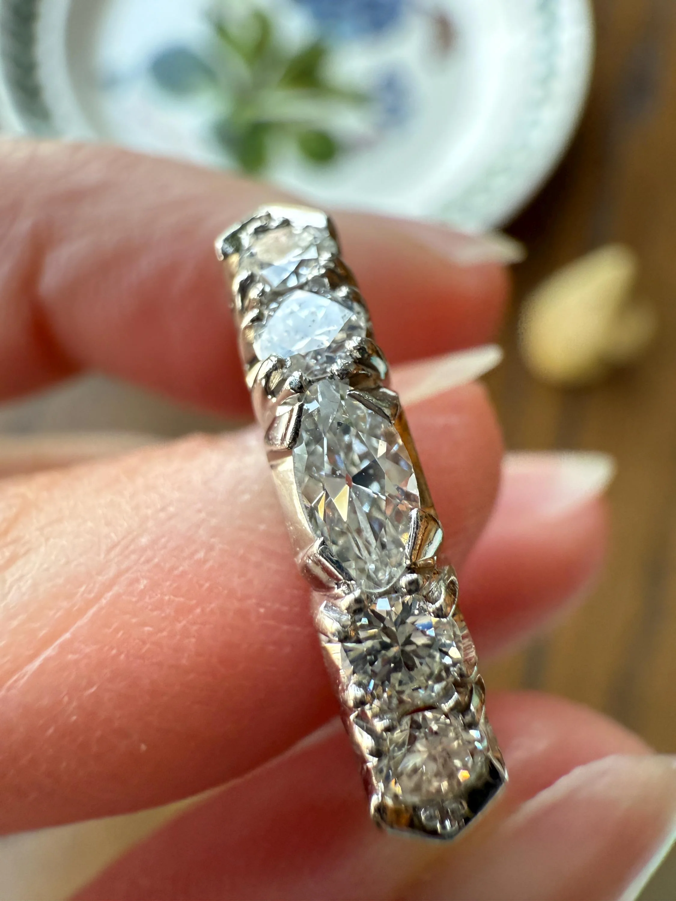Vintage Unique .75 Carat Tdw East West Old Cut MARQUISE Navette Cut Diamond Five Stone Band Ring Palladium Platinum Look - Image 2