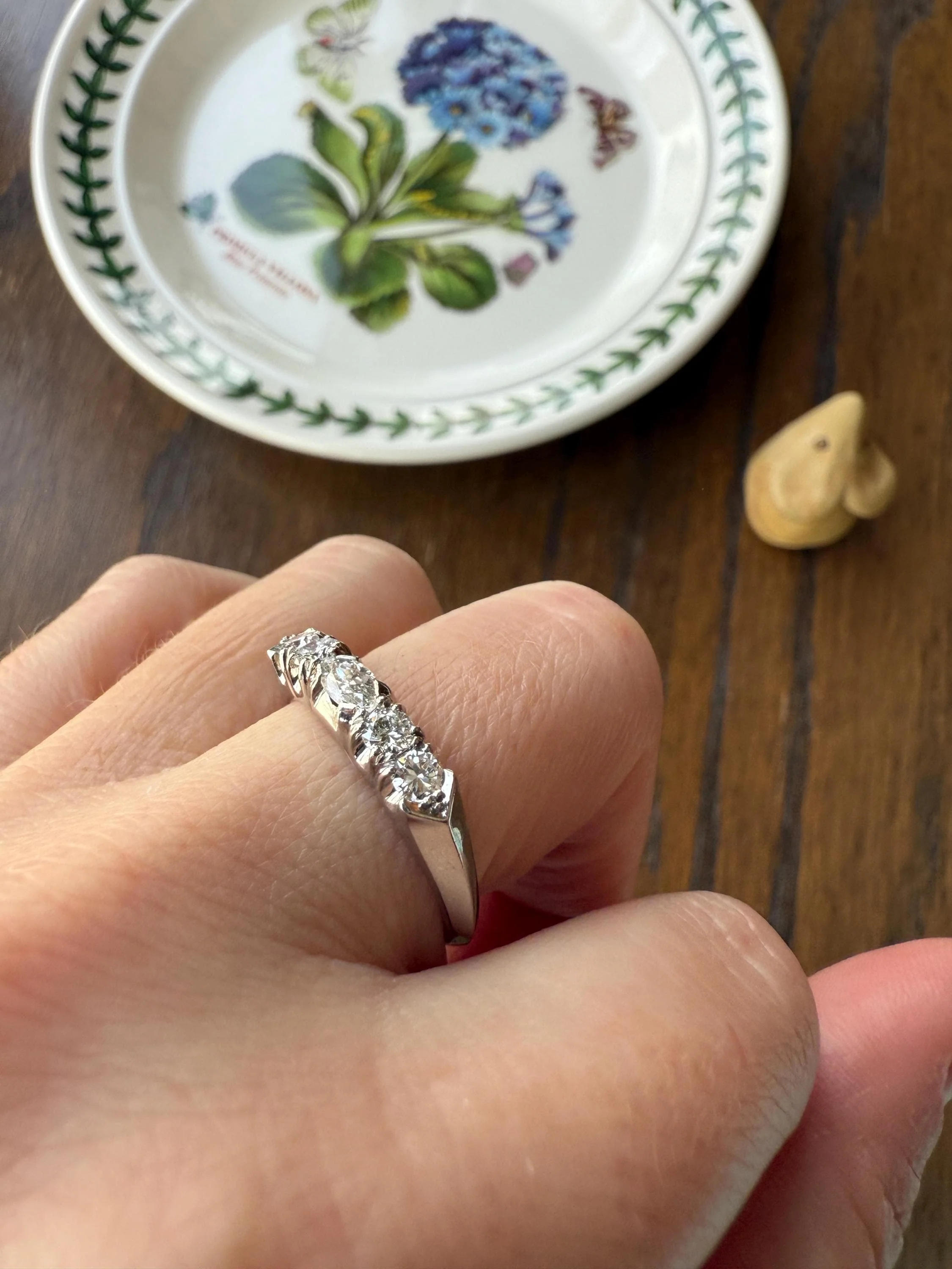 Vintage Unique .75 Carat Tdw East West Old Cut MARQUISE Navette Cut Diamond Five Stone Band Ring Palladium Platinum Look - Image 8