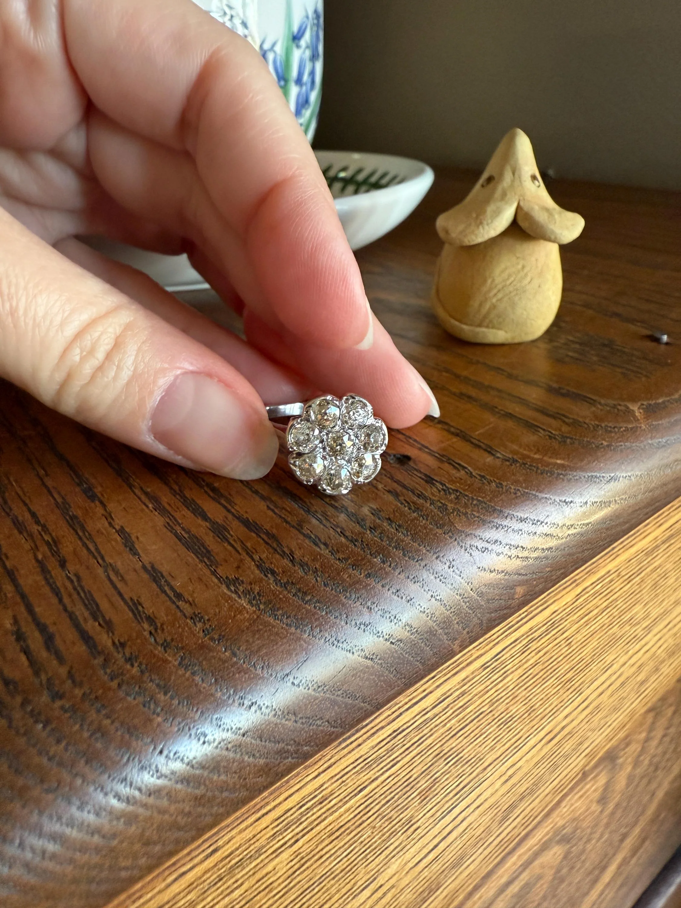 Warm Antique 1 3/4 Carat Old Mine Cut DIAMOND Daisy Flower Cluster 18k White Gold French Art Deco Tall Domed Basket Setting Stacker 1.75Ctw - Image 10