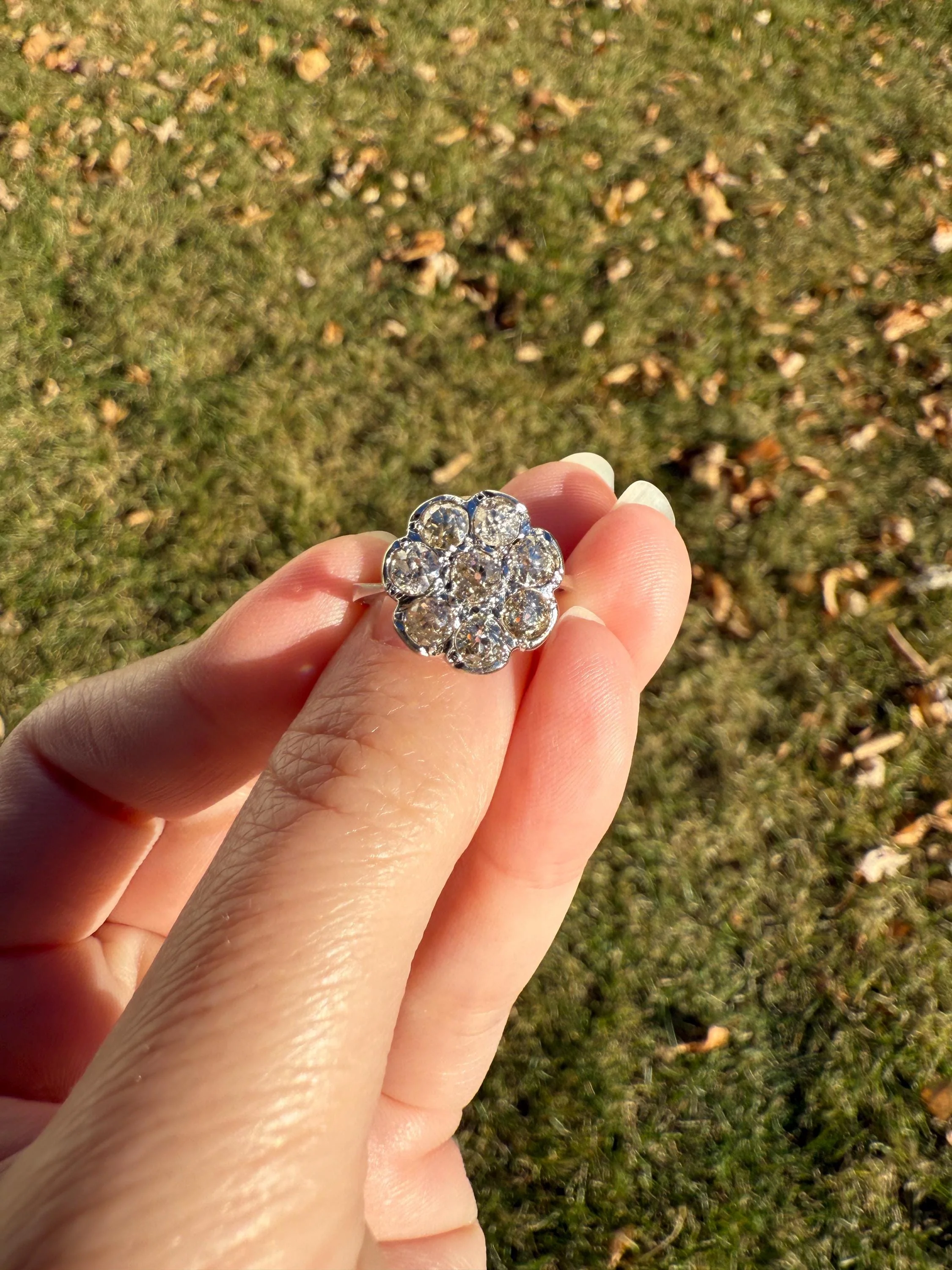Warm Antique 1 3/4 Carat Old Mine Cut DIAMOND Daisy Flower Cluster 18k White Gold French Art Deco Tall Domed Basket Setting Stacker 1.75Ctw - Image 11