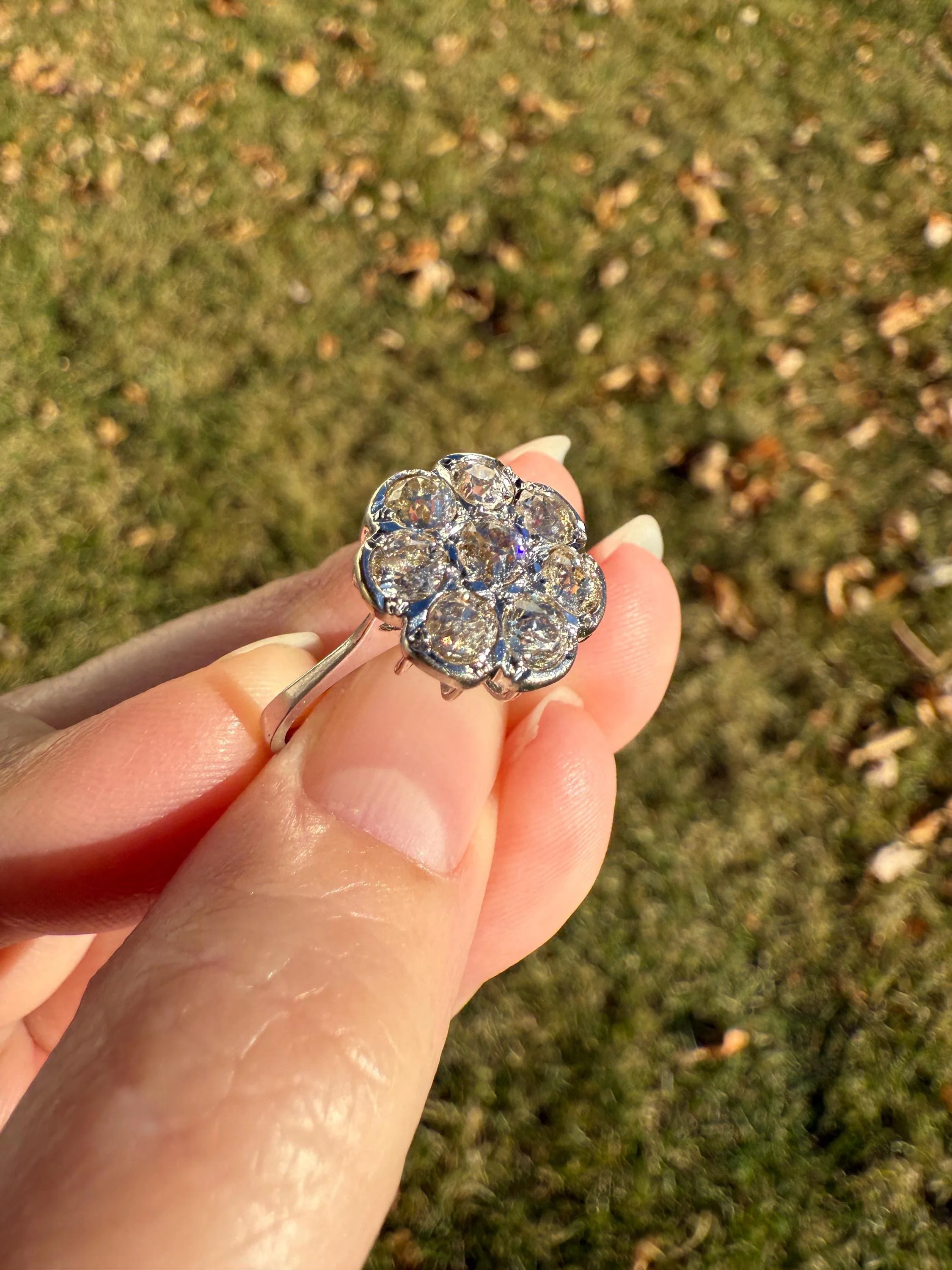 Warm Antique 1 3/4 Carat Old Mine Cut DIAMOND Daisy Flower Cluster 18k White Gold French Art Deco Tall Domed Basket Setting Stacker 1.75Ctw - Image 12