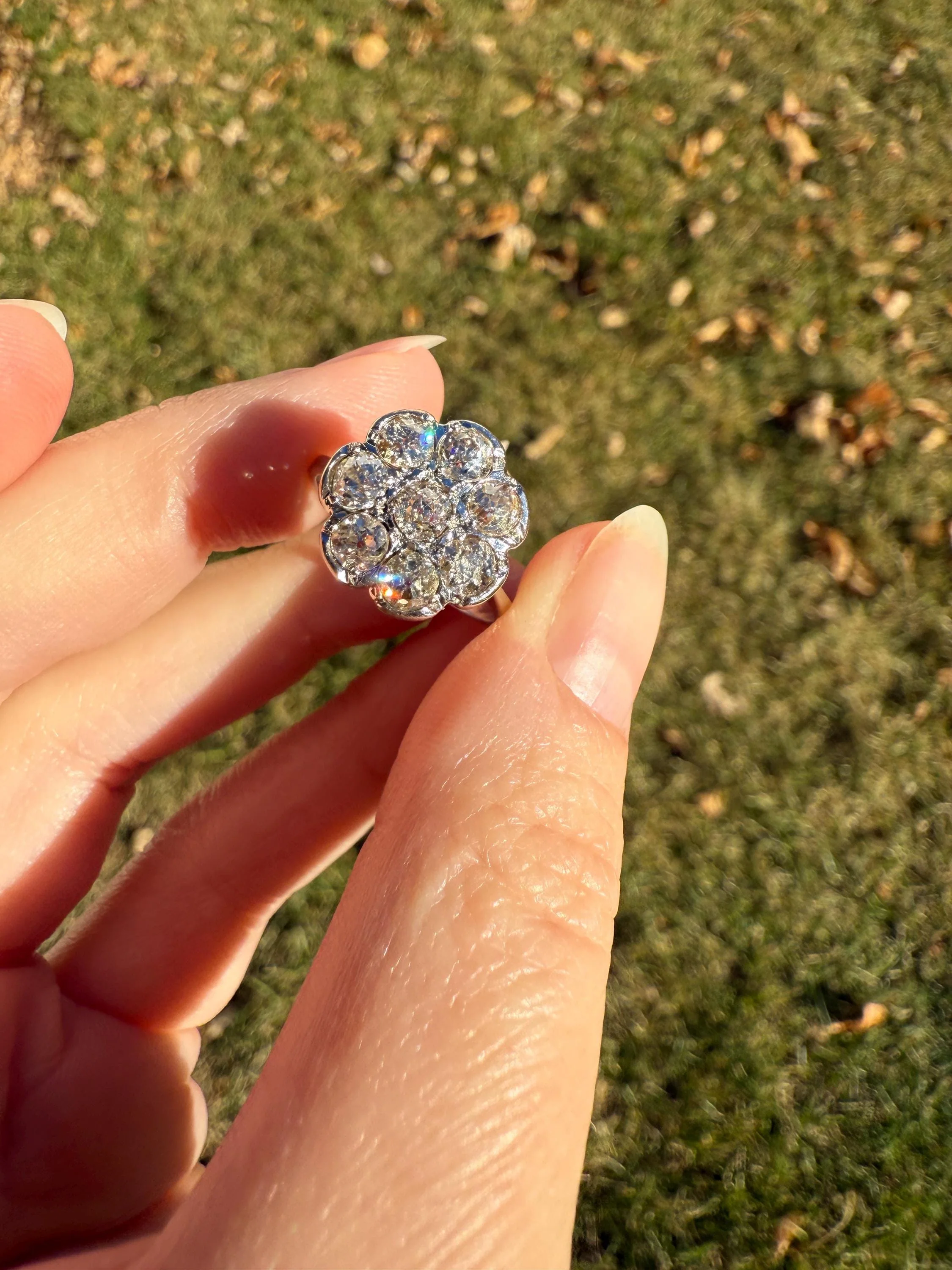 Warm Antique 1 3/4 Carat Old Mine Cut DIAMOND Daisy Flower Cluster 18k White Gold French Art Deco Tall Domed Basket Setting Stacker 1.75Ctw - Image 2