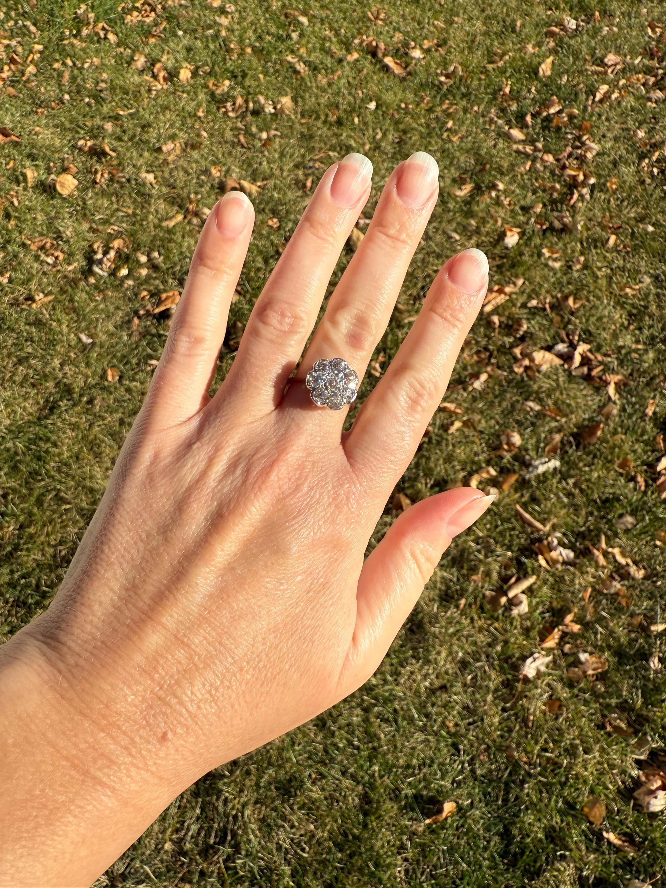 Warm Antique 1 3/4 Carat Old Mine Cut DIAMOND Daisy Flower Cluster 18k White Gold French Art Deco Tall Domed Basket Setting Stacker 1.75Ctw - Image 4