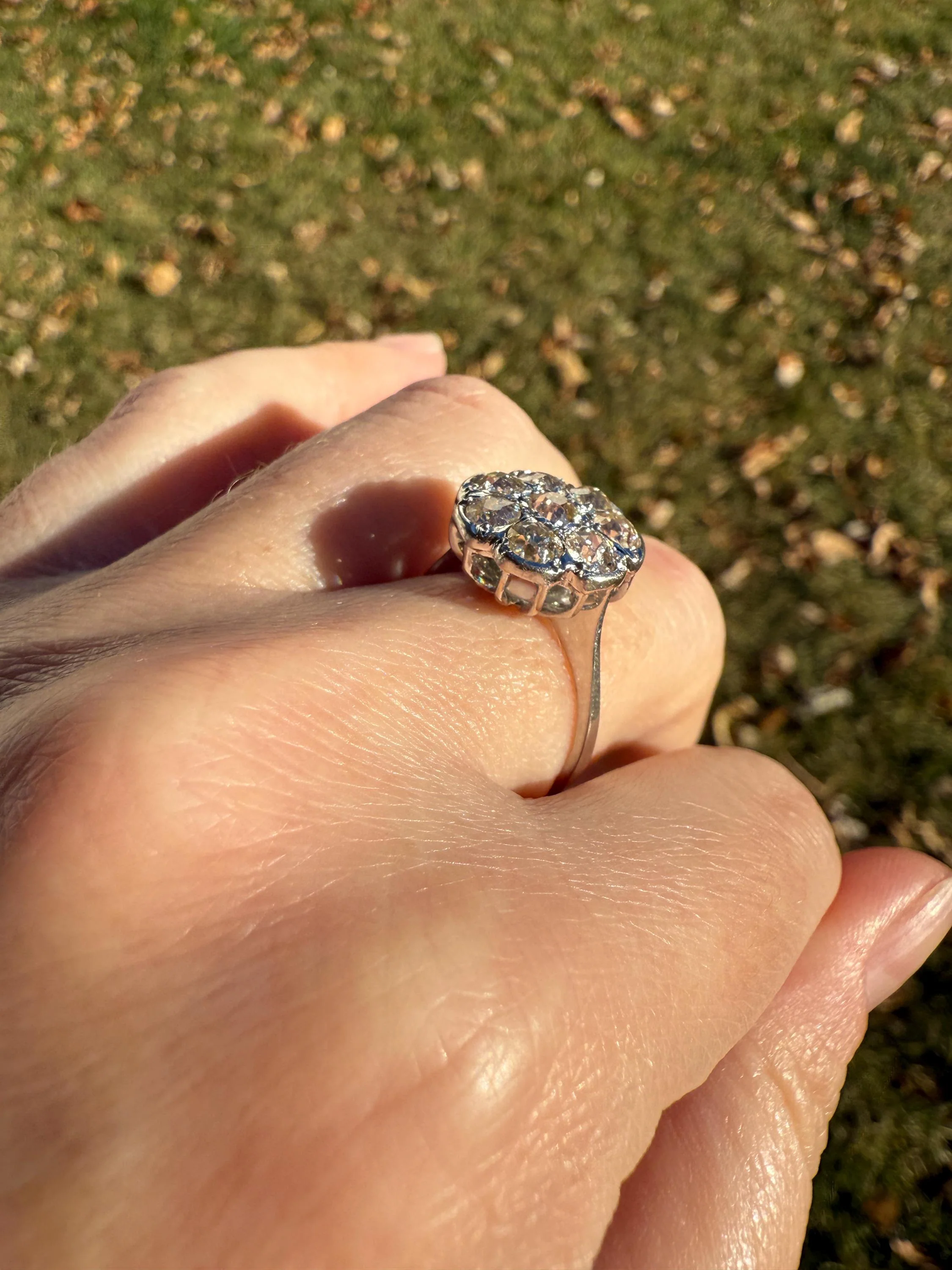Warm Antique 1 3/4 Carat Old Mine Cut DIAMOND Daisy Flower Cluster 18k White Gold French Art Deco Tall Domed Basket Setting Stacker 1.75Ctw - Image 6