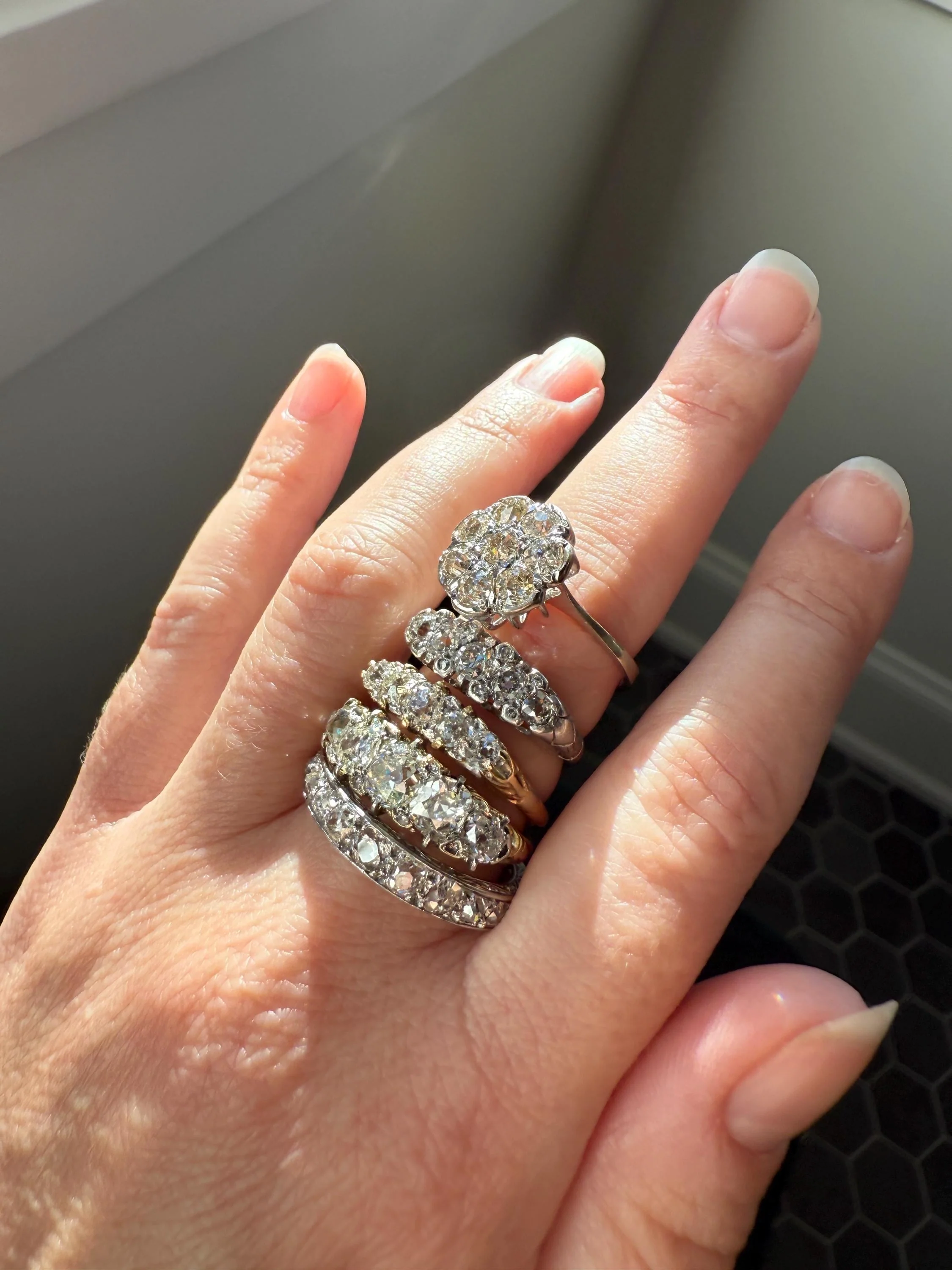 Warm Antique 1 3/4 Carat Old Mine Cut DIAMOND Daisy Flower Cluster 18k White Gold French Art Deco Tall Domed Basket Setting Stacker 1.75Ctw - Image 7