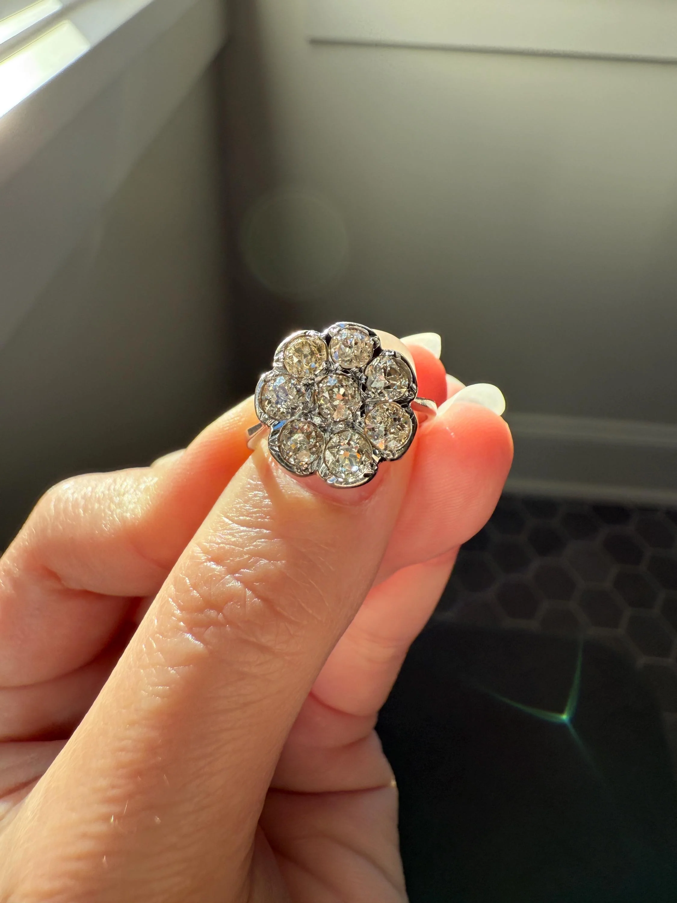 Warm Antique 1 3/4 Carat Old Mine Cut DIAMOND Daisy Flower Cluster 18k White Gold French Art Deco Tall Domed Basket Setting Stacker 1.75Ctw - Image 8