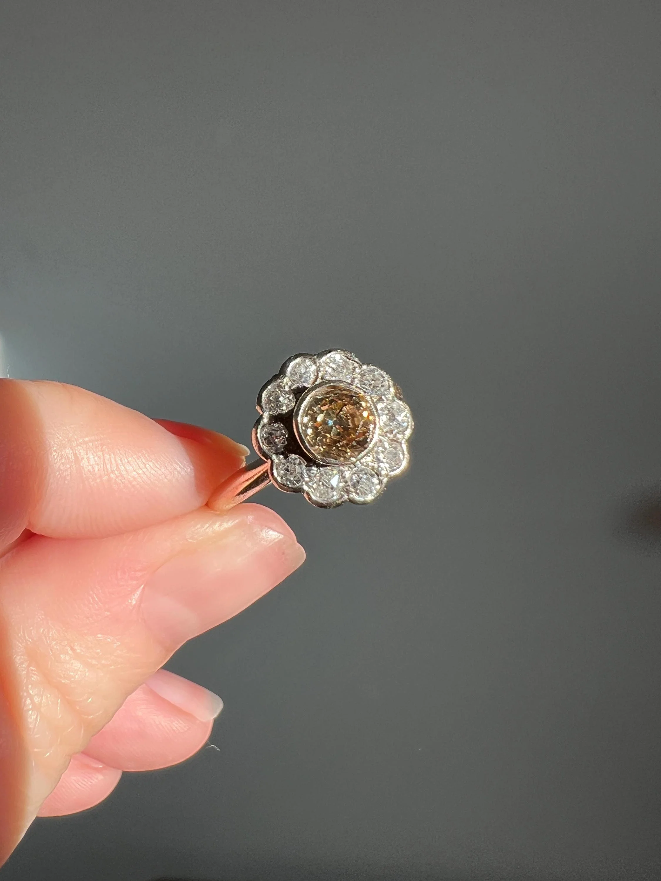 Wonderful Antique 1.1 Carat Tdw Fancy Light BROWN & White Old Mine Cut DIAMOND Halo Cluster Ring 14k Gold Champagne Daisy - Image 10