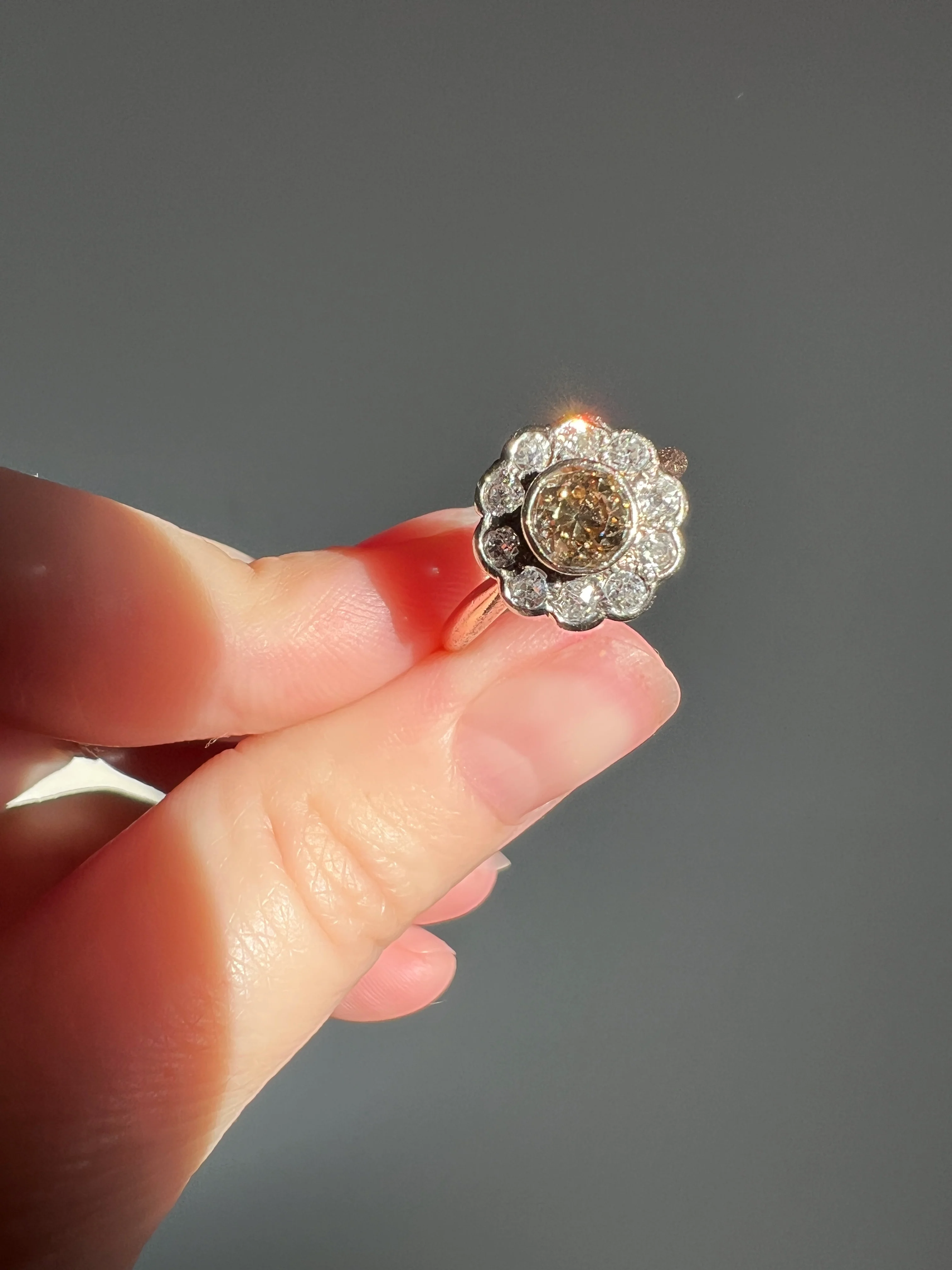 Wonderful Antique 1.1 Carat Tdw Fancy Light BROWN & White Old Mine Cut DIAMOND Halo Cluster Ring 14k Gold Champagne Daisy - Image 12