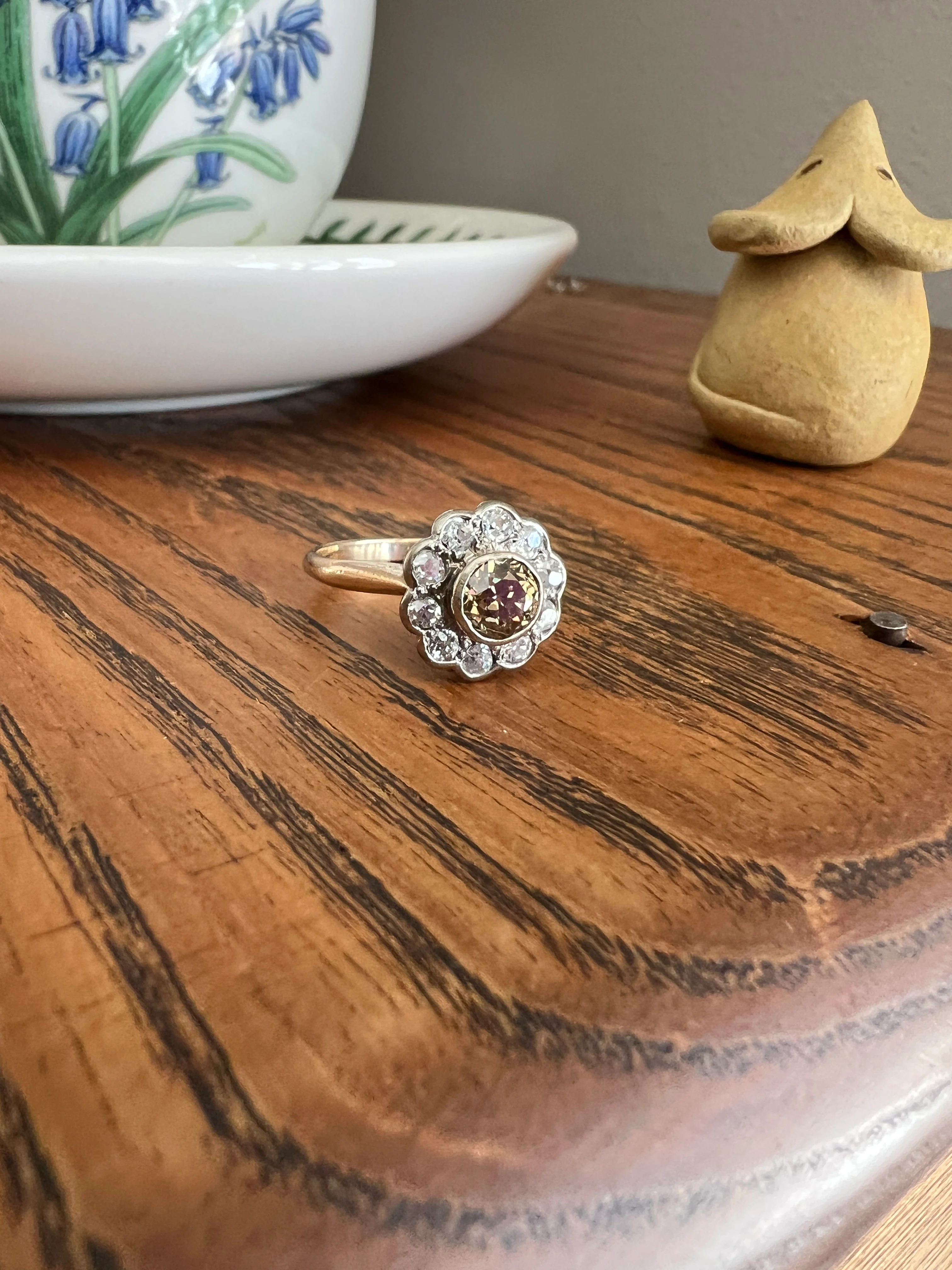 Wonderful Antique 1.1 Carat Tdw Fancy Light BROWN & White Old Mine Cut DIAMOND Halo Cluster Ring 14k Gold Champagne Daisy - Image 19