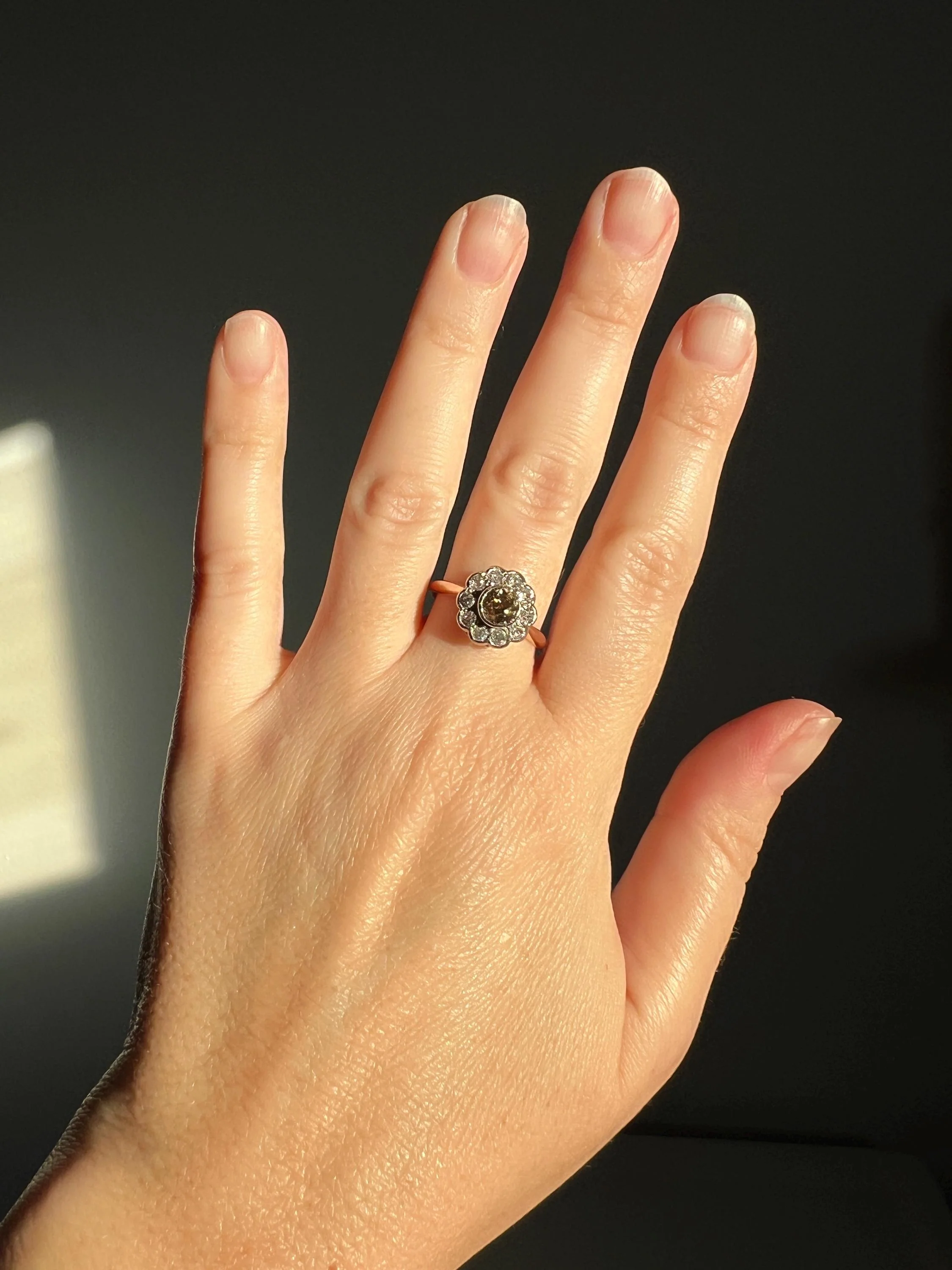 Wonderful Antique 1.1 Carat Tdw Fancy Light BROWN & White Old Mine Cut DIAMOND Halo Cluster Ring 14k Gold Champagne Daisy - Image 2