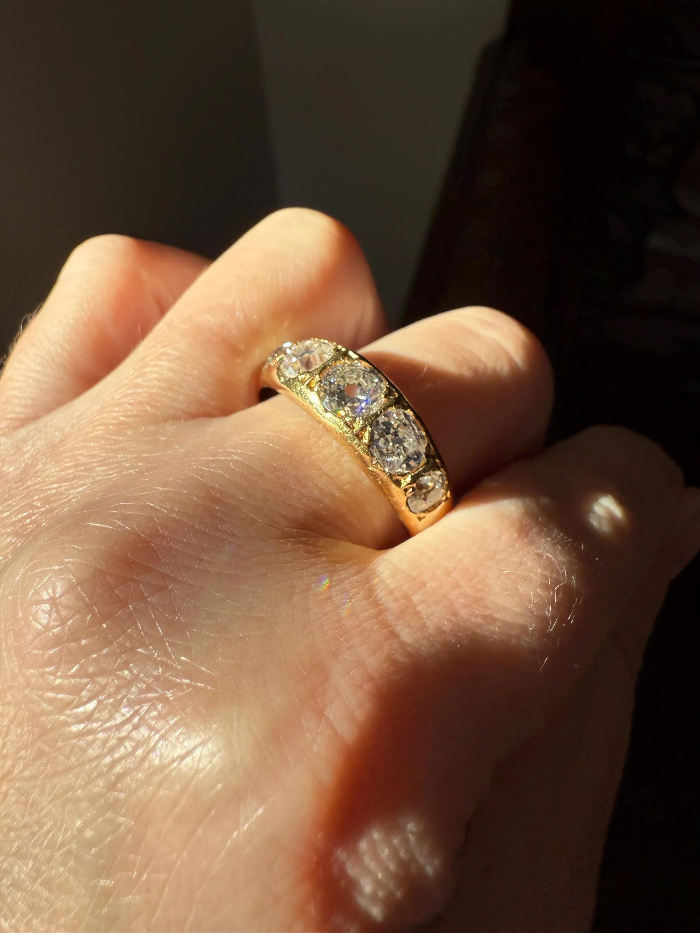 XL 2.5 Carats FIVE Stone Old Mine Cut DIAMOND Gypsy Ring Wide Band 18k Gold Solid Chunky Antique Edwardian Victorian Stacker OmC Man Unisex - Image 11