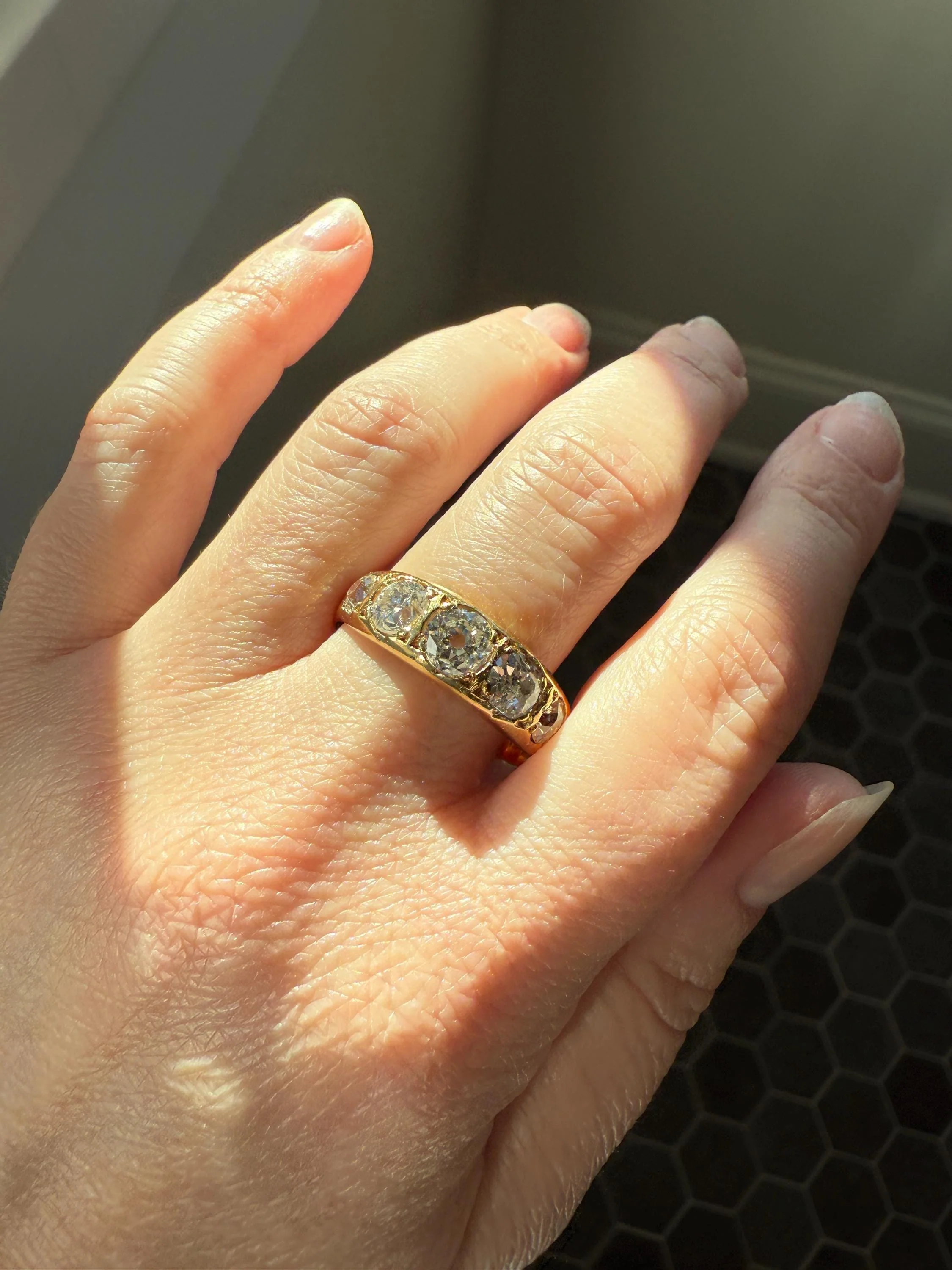 XL 2.5 Carats FIVE Stone Old Mine Cut DIAMOND Gypsy Ring Wide Band 18k Gold Solid Chunky Antique Edwardian Victorian Stacker OmC Man Unisex - Image 14