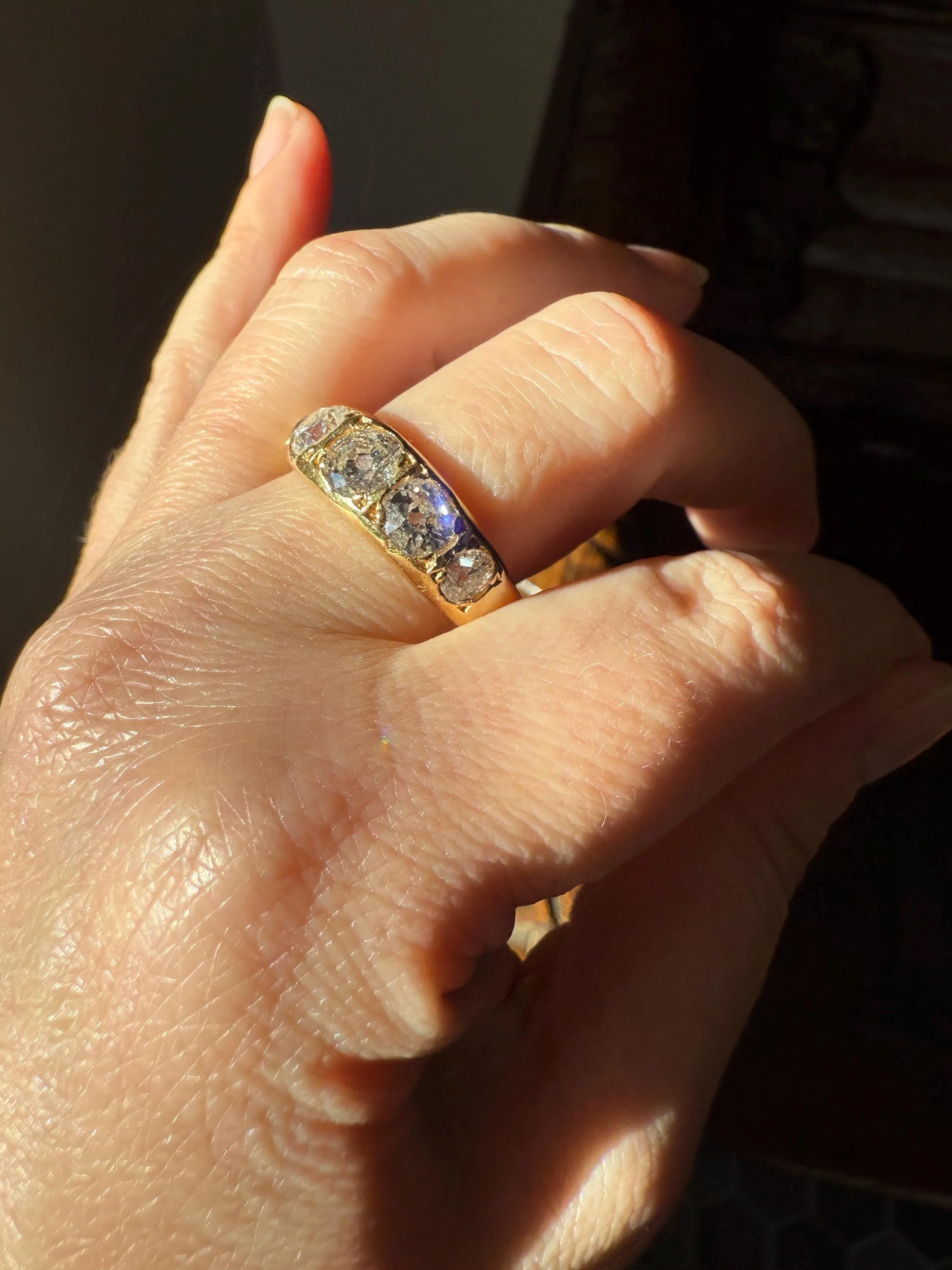 XL 2.5 Carats FIVE Stone Old Mine Cut DIAMOND Gypsy Ring Wide Band 18k Gold Solid Chunky Antique Edwardian Victorian Stacker OmC Man Unisex - Image 3