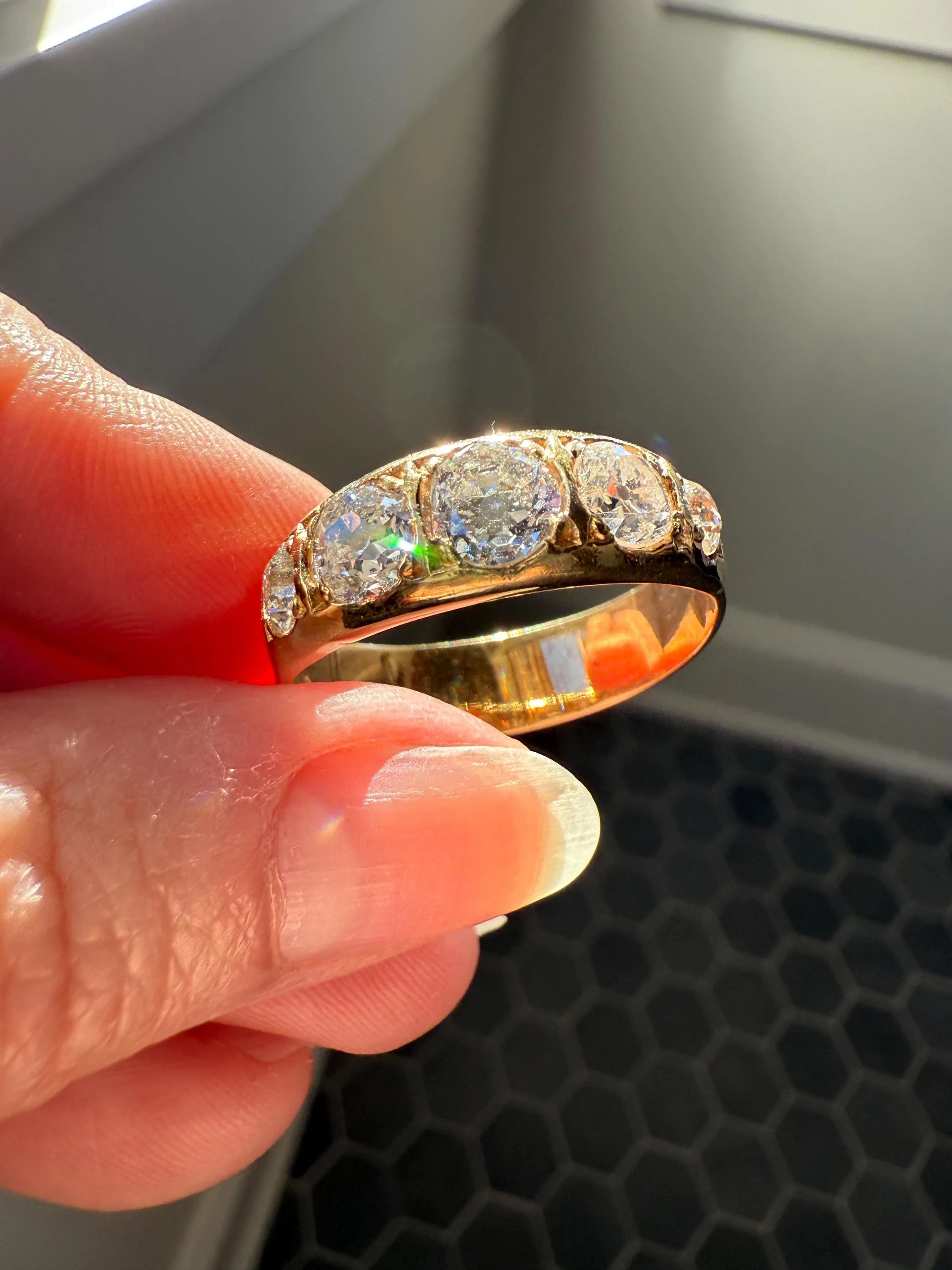 XL 2.5 Carats FIVE Stone Old Mine Cut DIAMOND Gypsy Ring Wide Band 18k Gold Solid Chunky Antique Edwardian Victorian Stacker OmC Man Unisex - Image 4