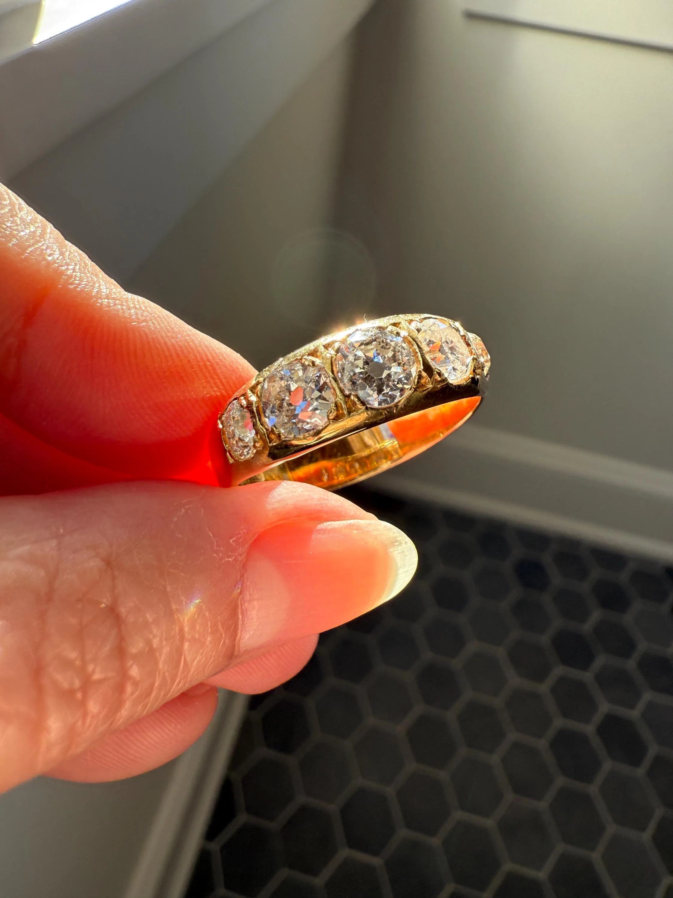 XL 2.5 Carats FIVE Stone Old Mine Cut DIAMOND Gypsy Ring Wide Band 18k Gold Solid Chunky Antique Edwardian Victorian Stacker OmC Man Unisex - Image 5