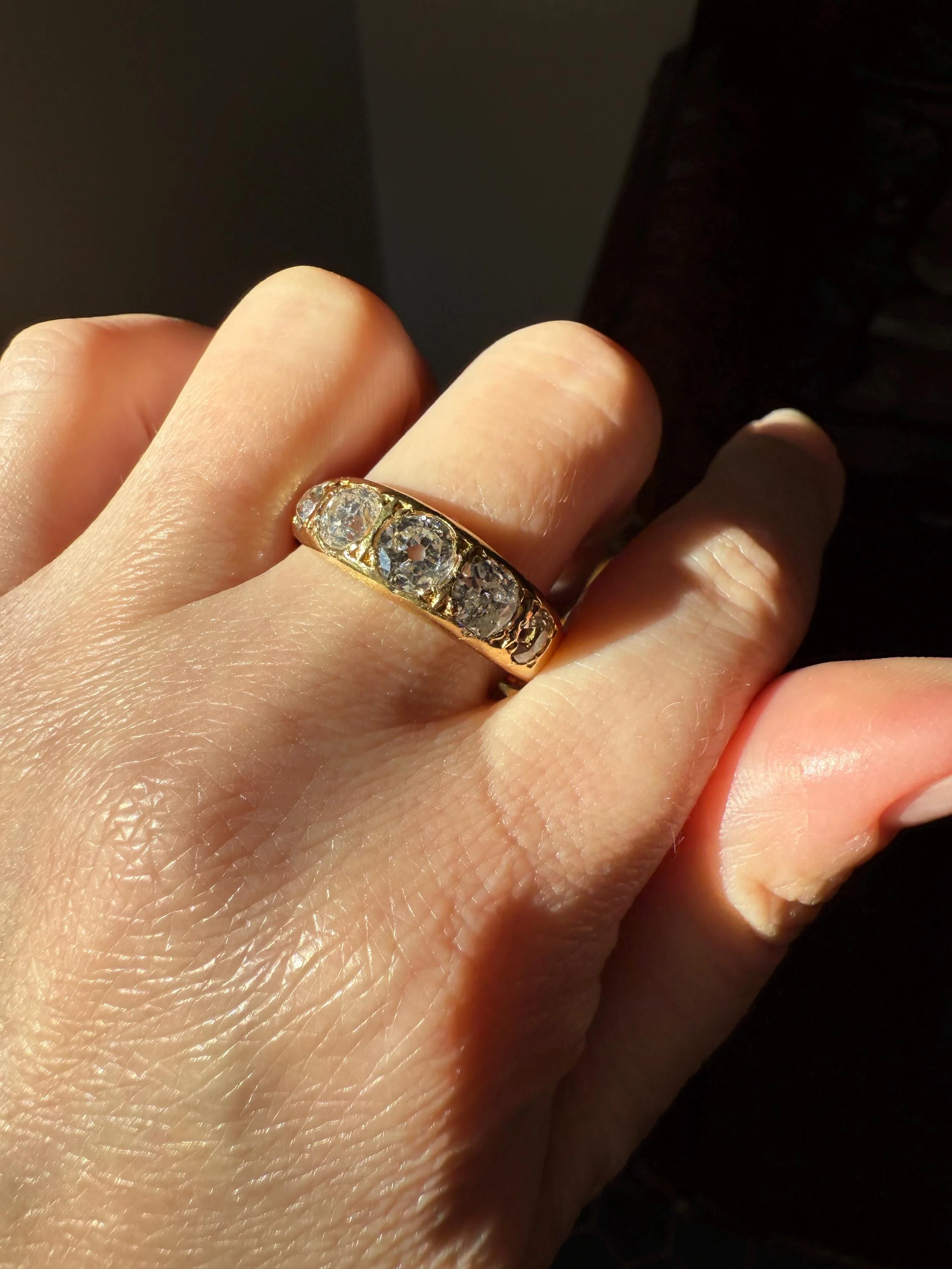 XL 2.5 Carats FIVE Stone Old Mine Cut DIAMOND Gypsy Ring Wide Band 18k Gold Solid Chunky Antique Edwardian Victorian Stacker OmC Man Unisex - Image 6