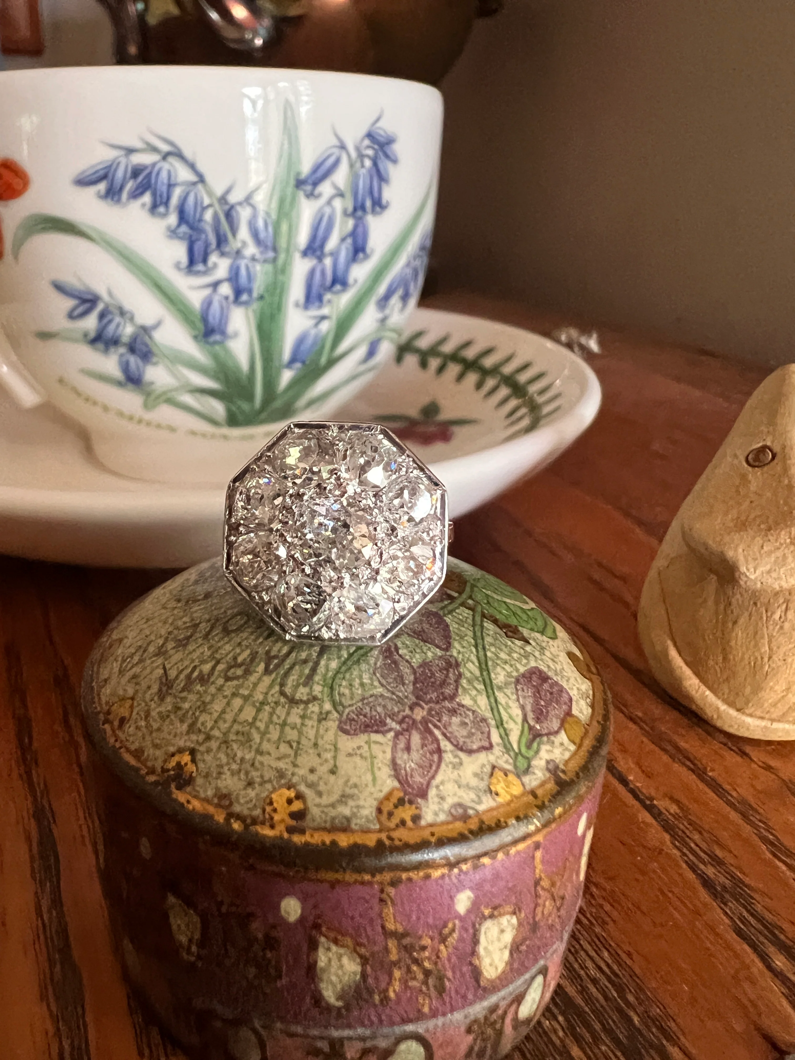 XL 2.7 Carat OCTAGON Shield French Antique PLATINUM Ring Old Mine Cut Diamonds Cluster - Image 14