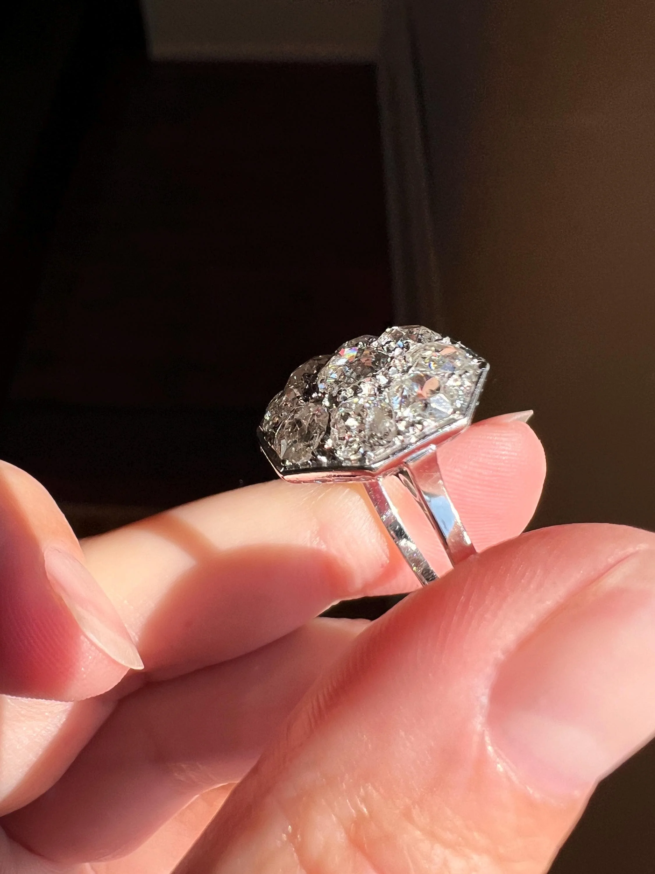XL 2.7 Carat OCTAGON Shield French Antique PLATINUM Ring Old Mine Cut Diamonds Cluster - Image 3