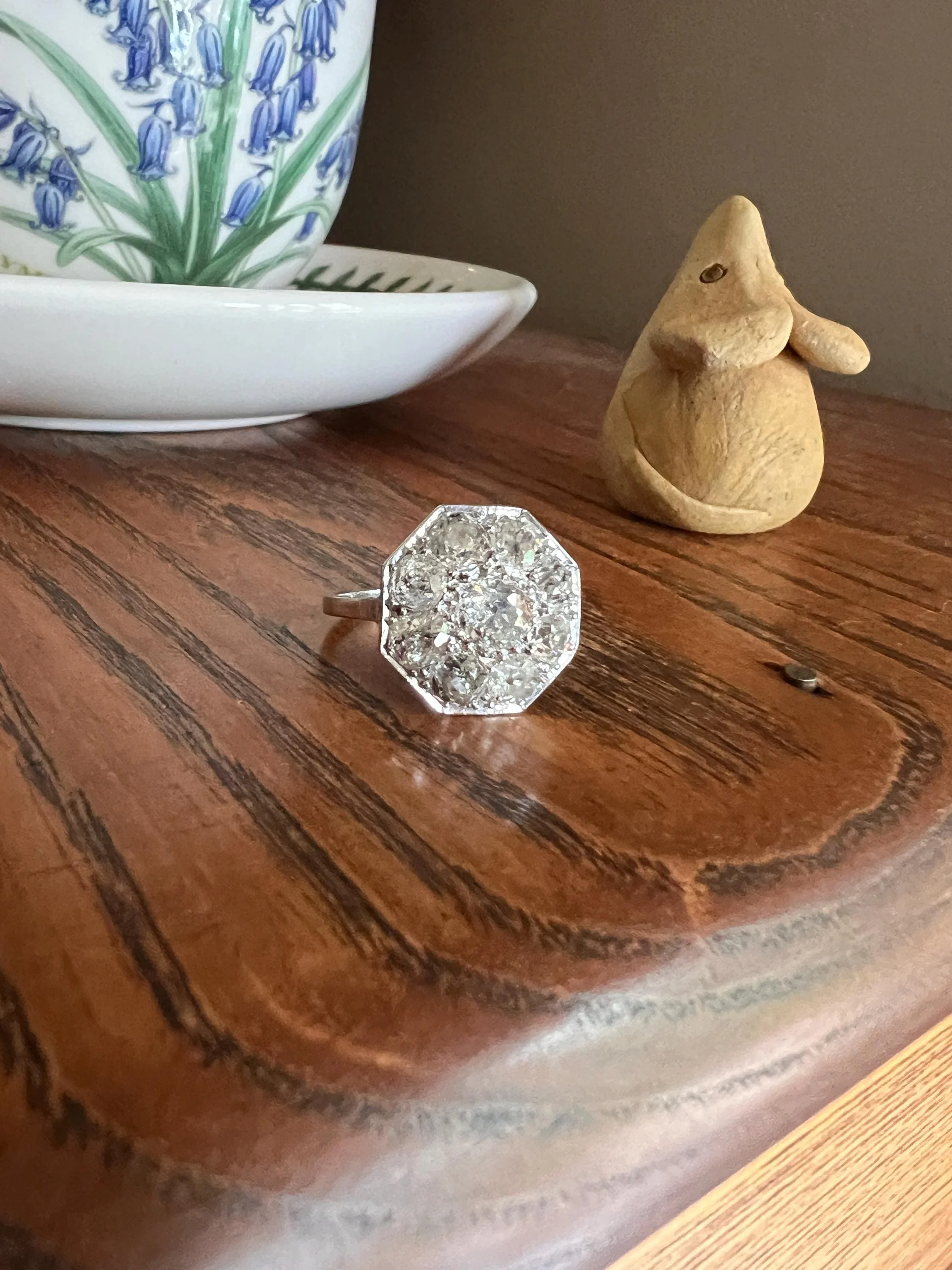 XL 2.7 Carat OCTAGON Shield French Antique PLATINUM Ring Old Mine Cut Diamonds Cluster - Image 4