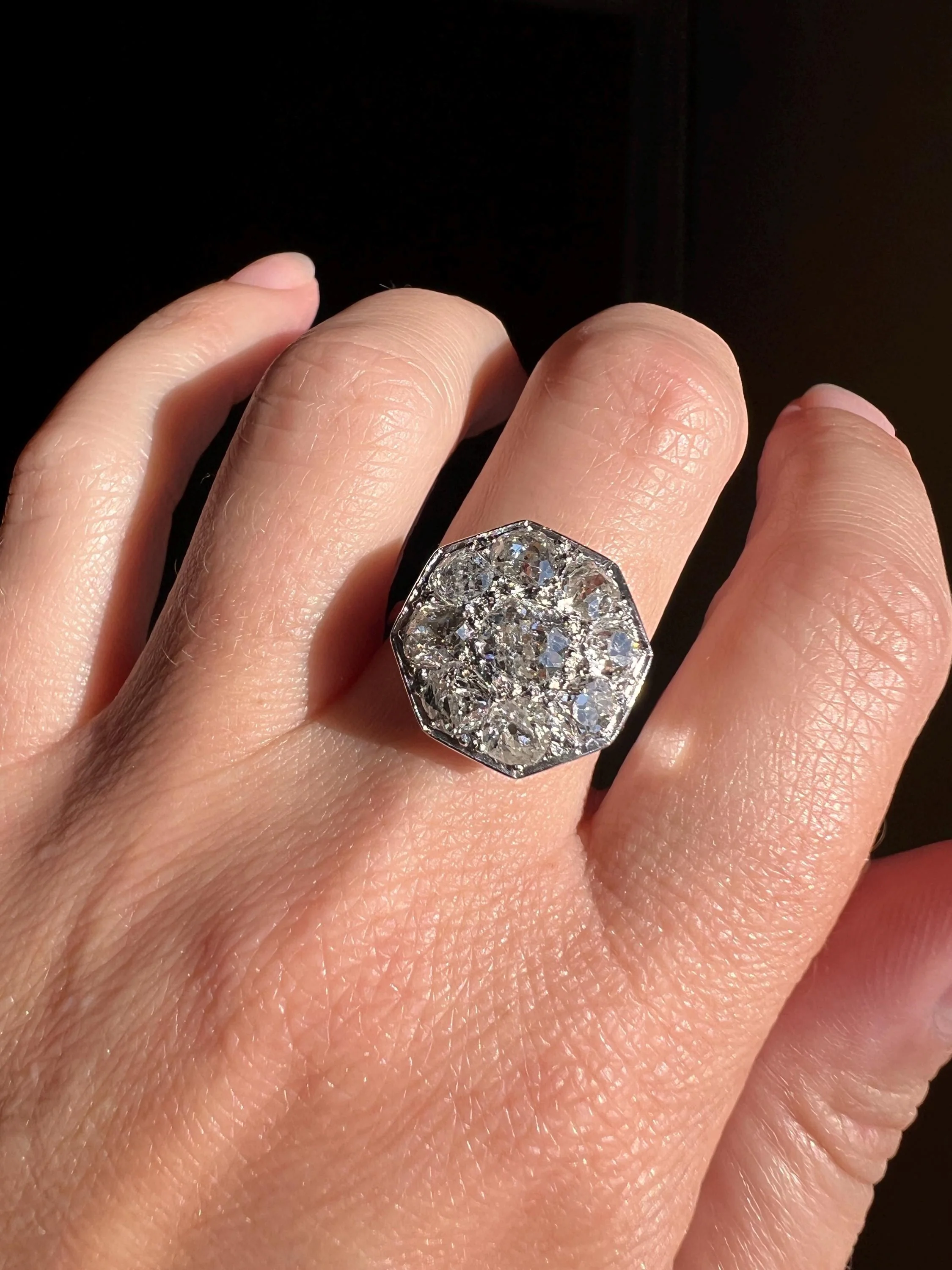 XL 2.7 Carat OCTAGON Shield French Antique PLATINUM Ring Old Mine Cut Diamonds Cluster - Image 6
