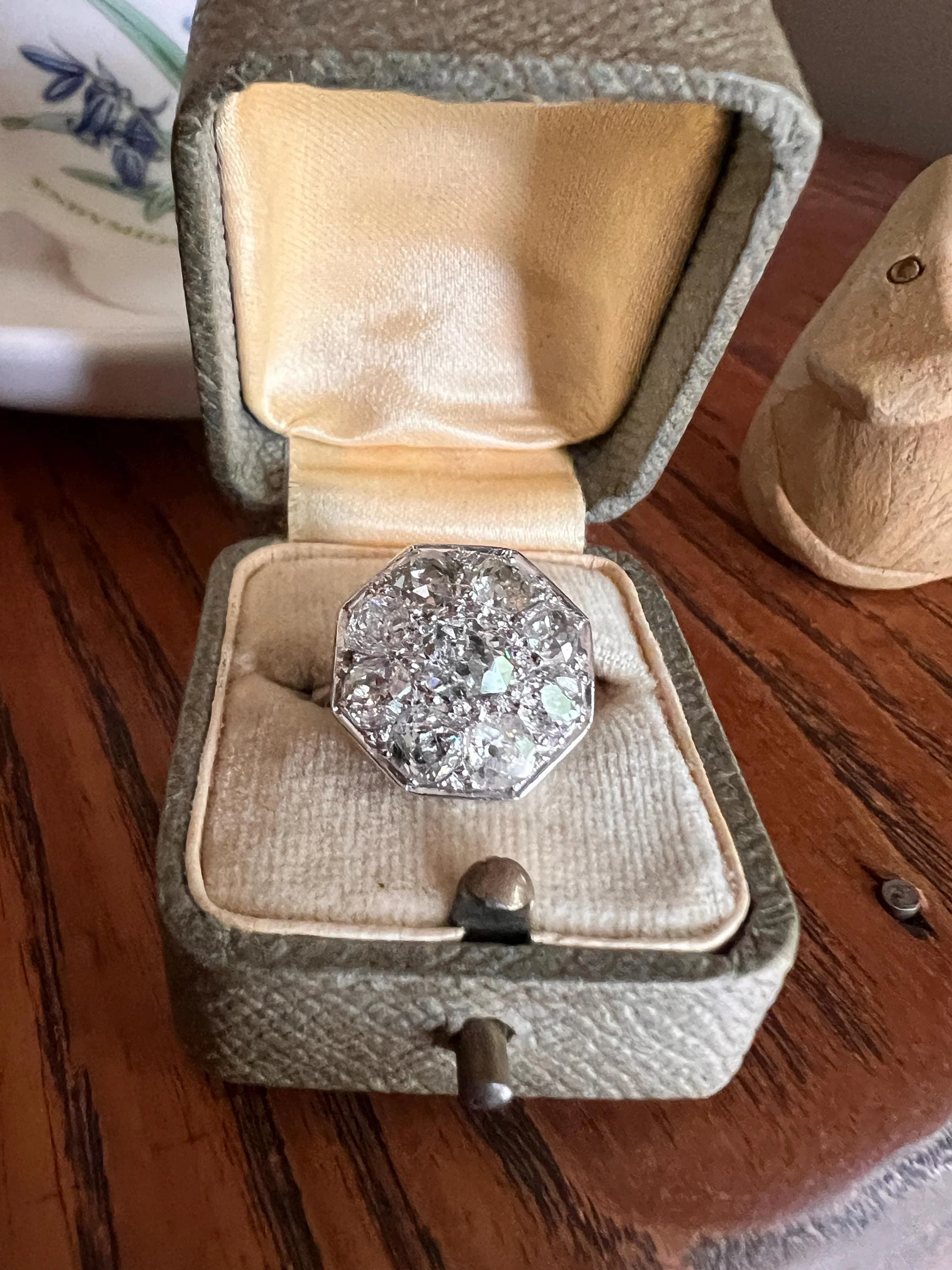 XL 2.7 Carat OCTAGON Shield French Antique PLATINUM Ring Old Mine Cut Diamonds Cluster - Image 7