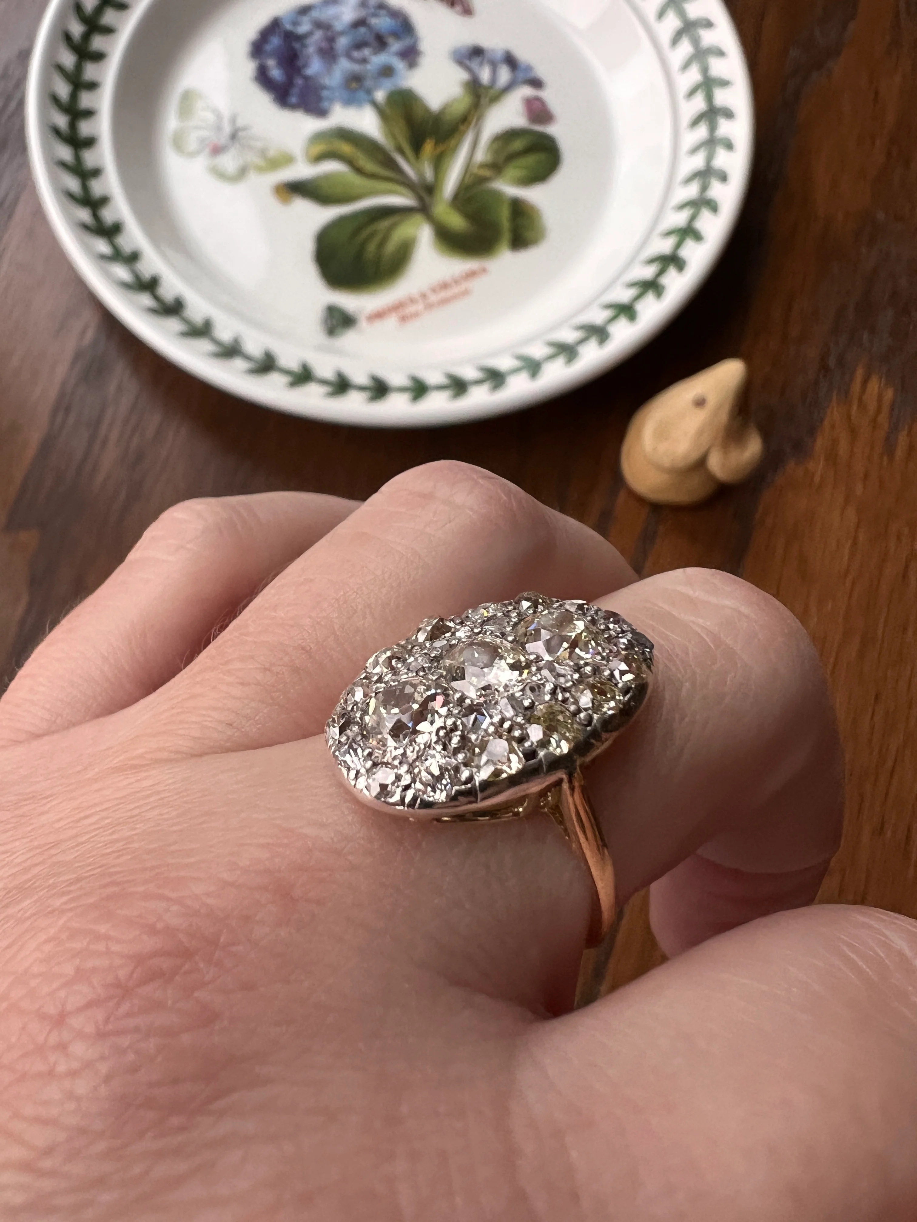 XL Antique Four Carat Old Mine Cut DIAMOND Cobblestone CLUSTER Ring 18k Gold Oval Chunky Warm Yellow OmC - Image 13