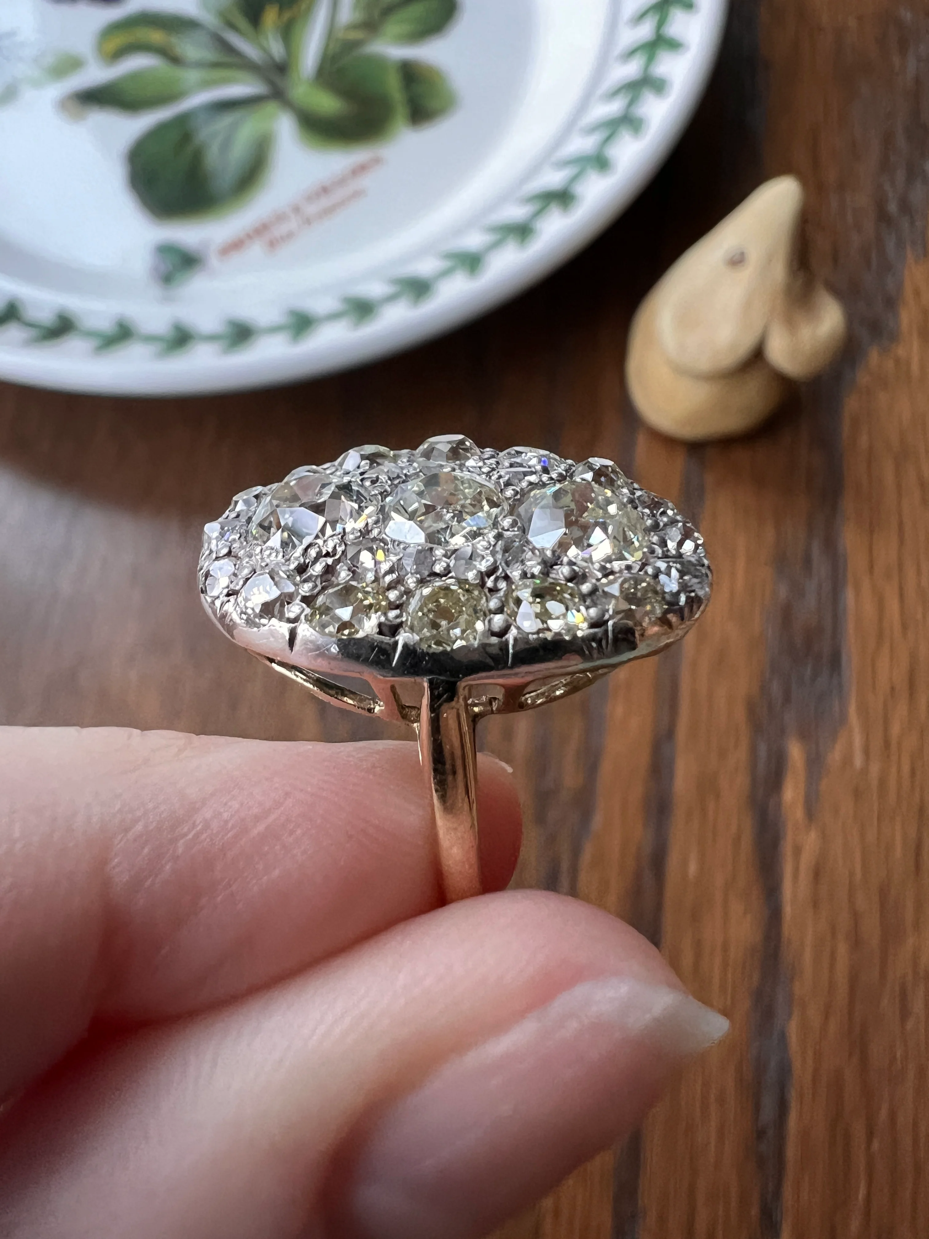 XL Antique Four Carat Old Mine Cut DIAMOND Cobblestone CLUSTER Ring 18k Gold Oval Chunky Warm Yellow OmC - Image 15