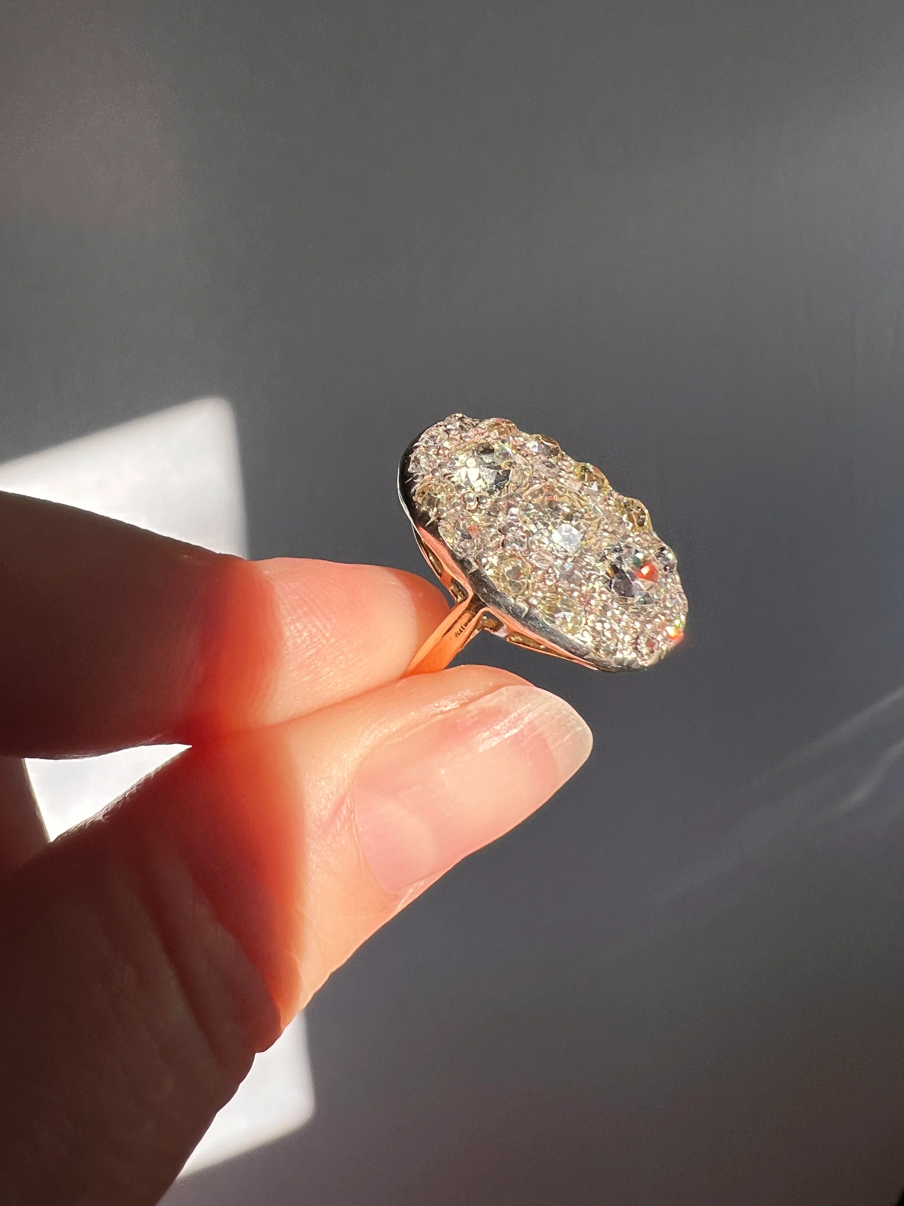 XL Antique Four Carat Old Mine Cut DIAMOND Cobblestone CLUSTER Ring 18k Gold Oval Chunky Warm Yellow OmC - Image 17