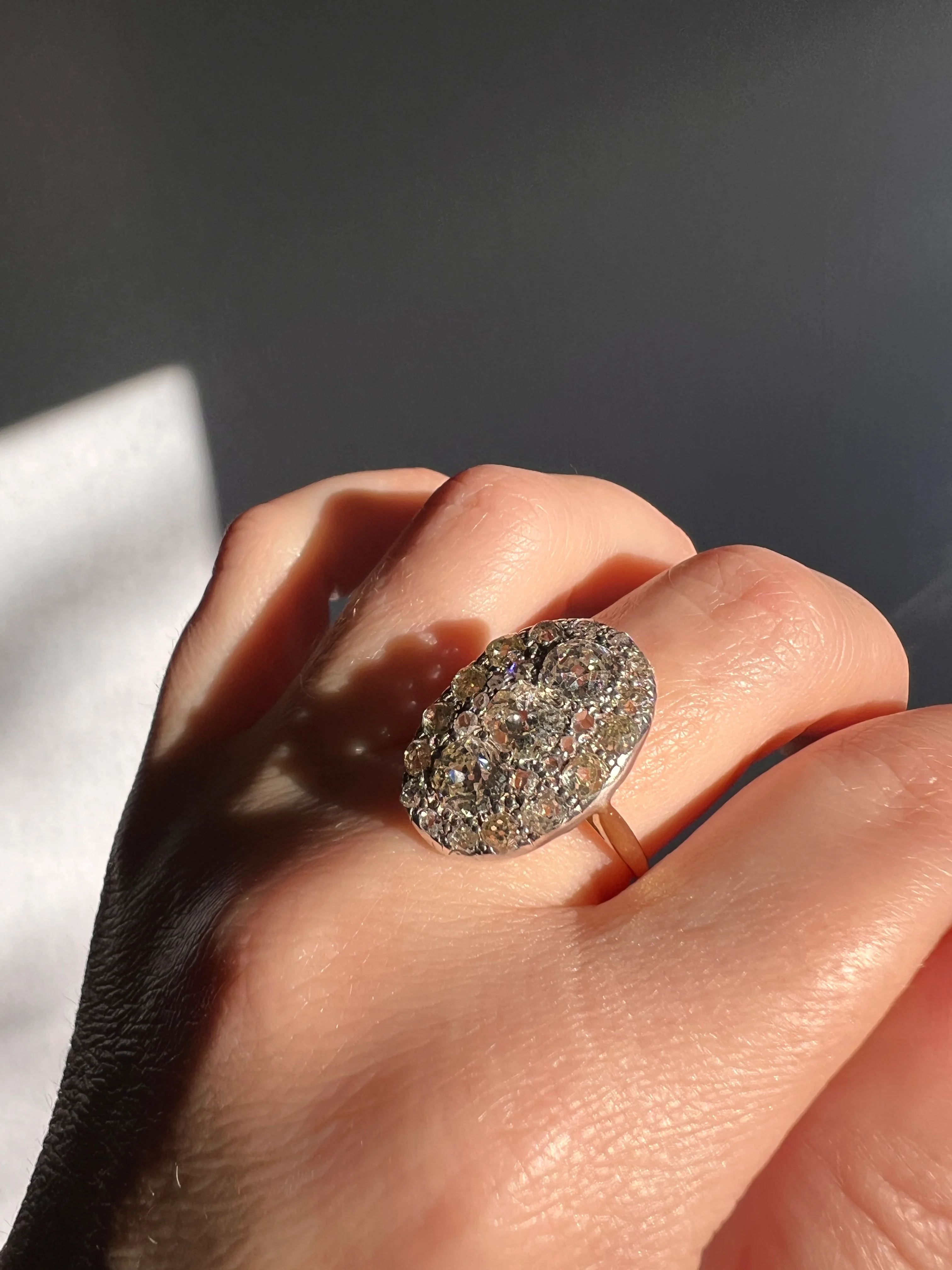 XL Antique Four Carat Old Mine Cut DIAMOND Cobblestone CLUSTER Ring 18k Gold Oval Chunky Warm Yellow OmC - Image 27
