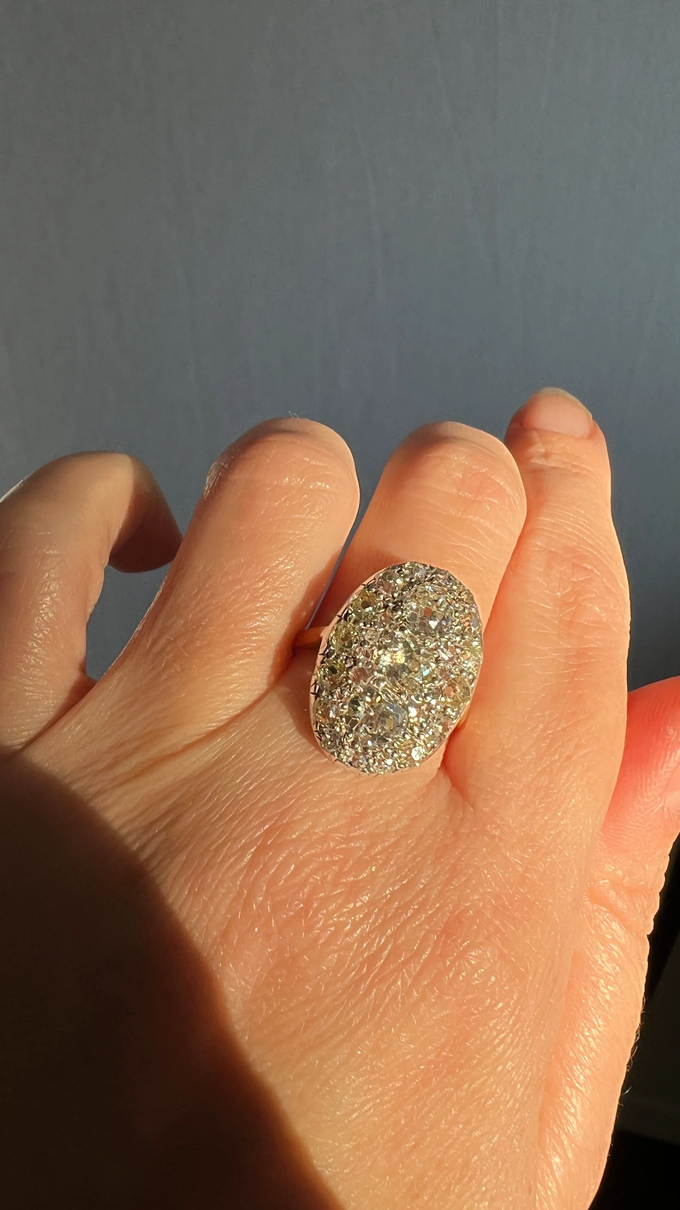 XL Antique Four Carat Old Mine Cut DIAMOND Cobblestone CLUSTER Ring 18k Gold Oval Chunky Warm Yellow OmC - Image 29