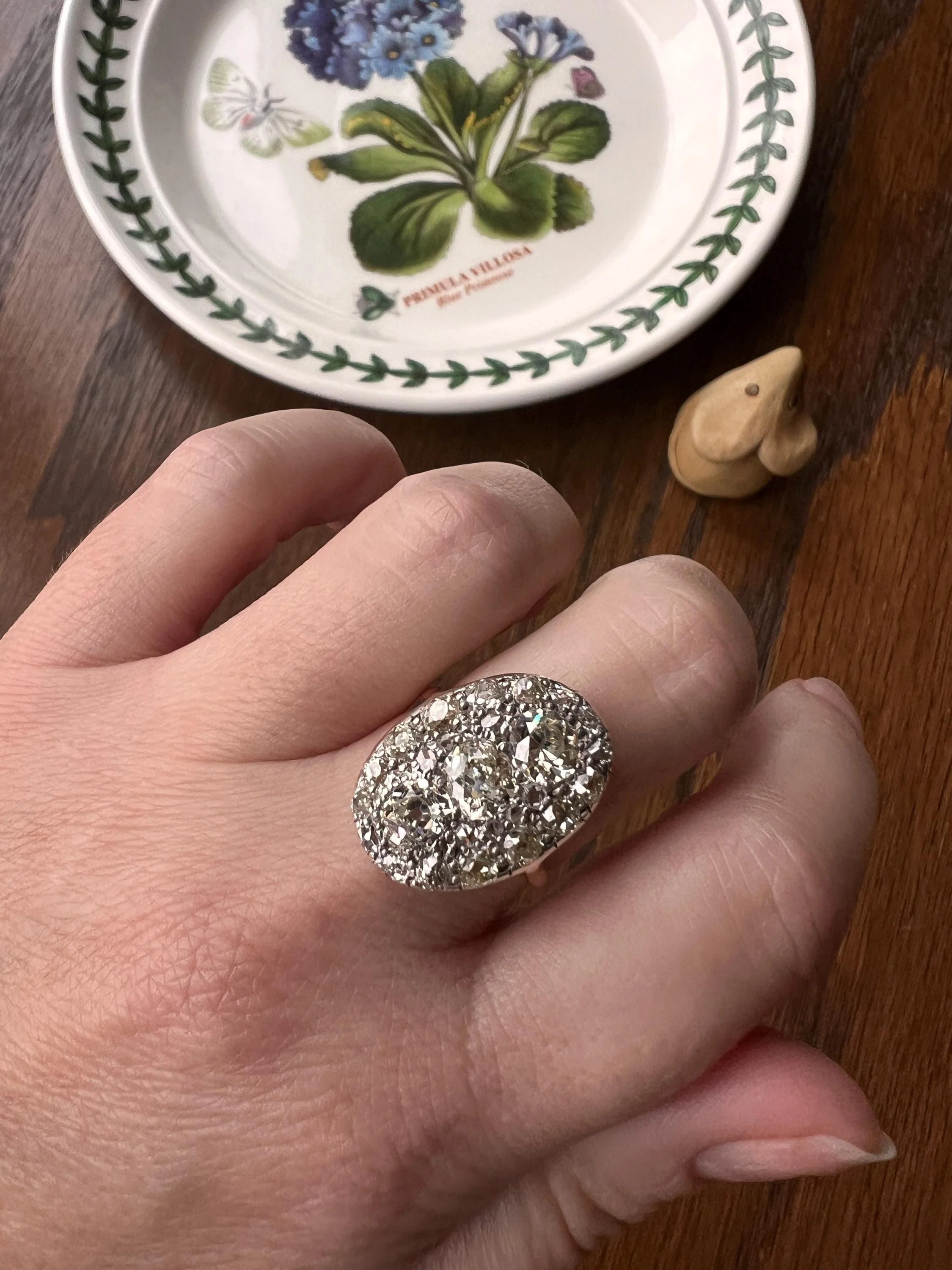 XL Antique Four Carat Old Mine Cut DIAMOND Cobblestone CLUSTER Ring 18k Gold Oval Chunky Warm Yellow OmC - Image 3