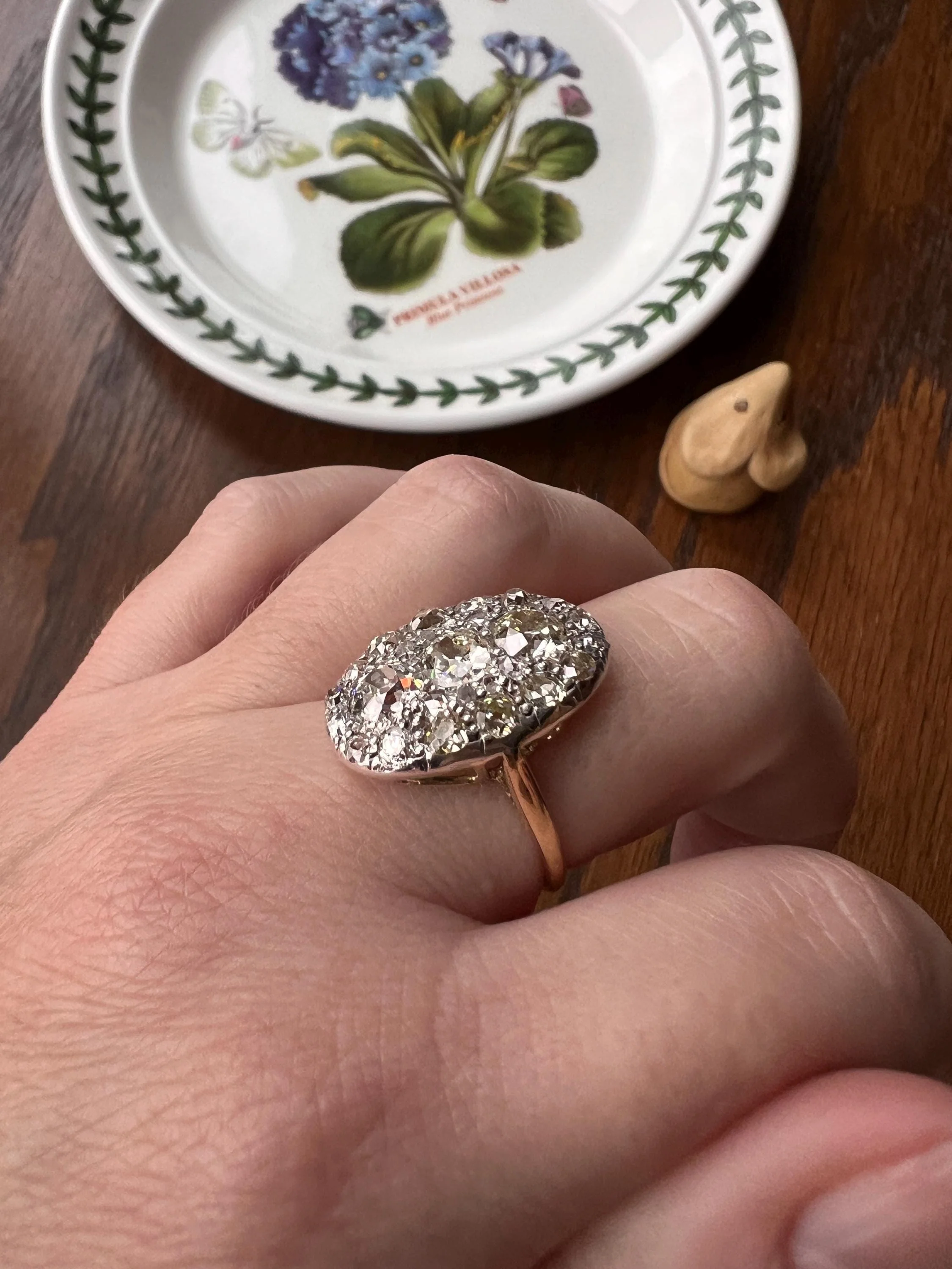 XL Antique Four Carat Old Mine Cut DIAMOND Cobblestone CLUSTER Ring 18k Gold Oval Chunky Warm Yellow OmC - Image 5