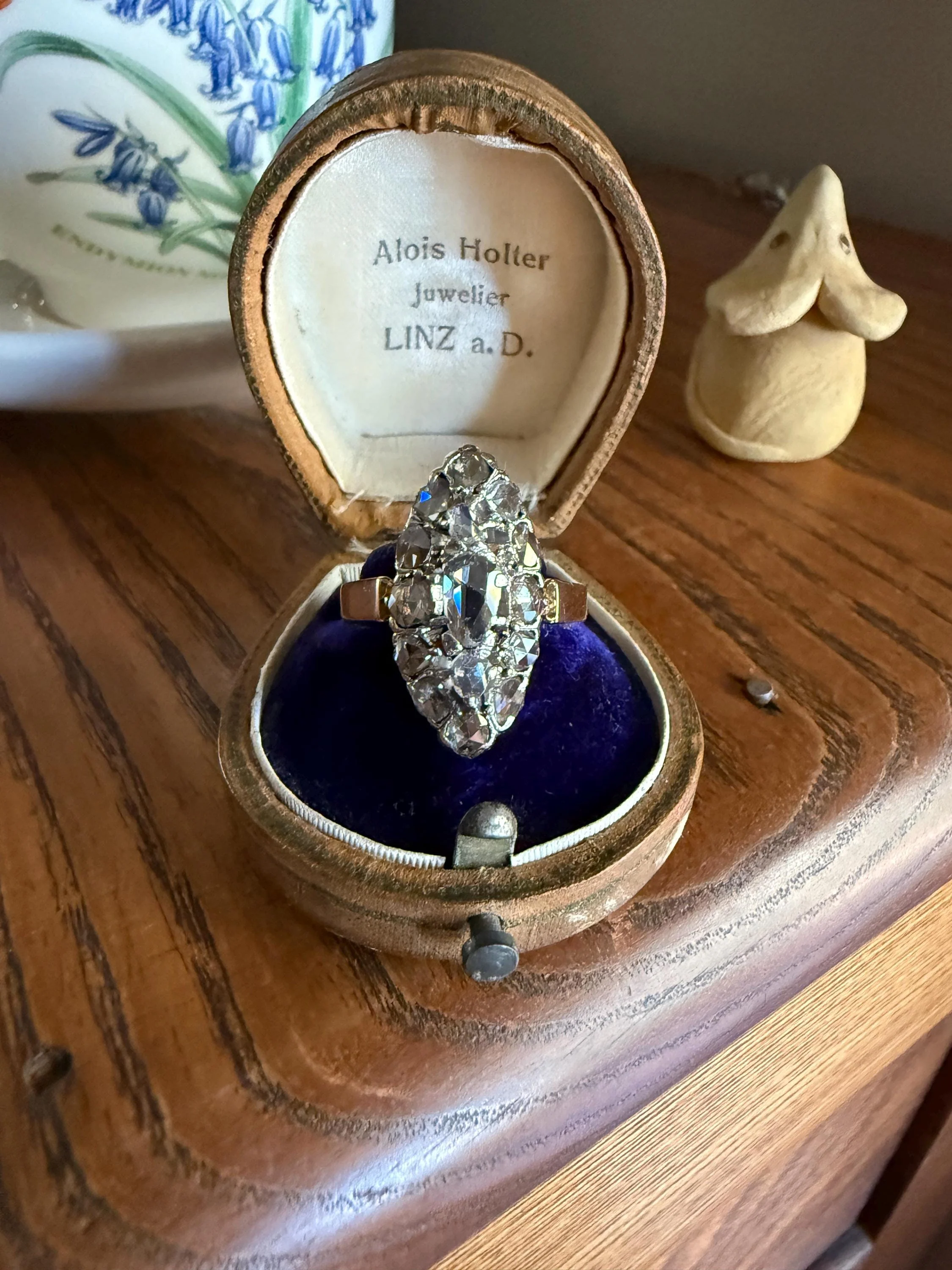 XL Antique Unique Elongated Rose Cut Diamond Navette Cluster Open Back French Victorian Era 18k Rose Gold & Platinum 1 inch Chunky Sparkle - Image 16