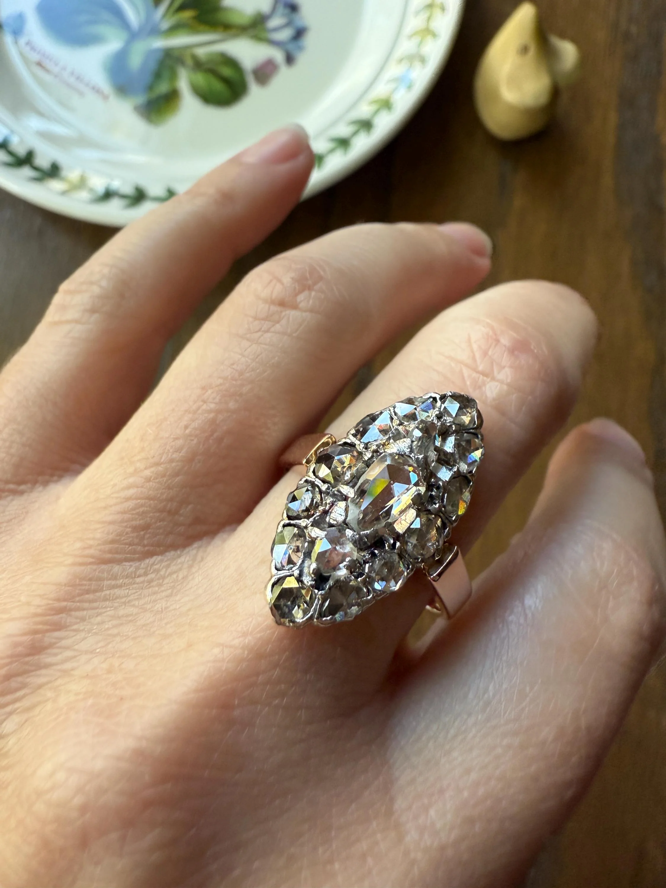 XL Antique Unique Elongated Rose Cut Diamond Navette Cluster Open Back French Victorian Era 18k Rose Gold & Platinum 1 inch Chunky Sparkle - Image 2