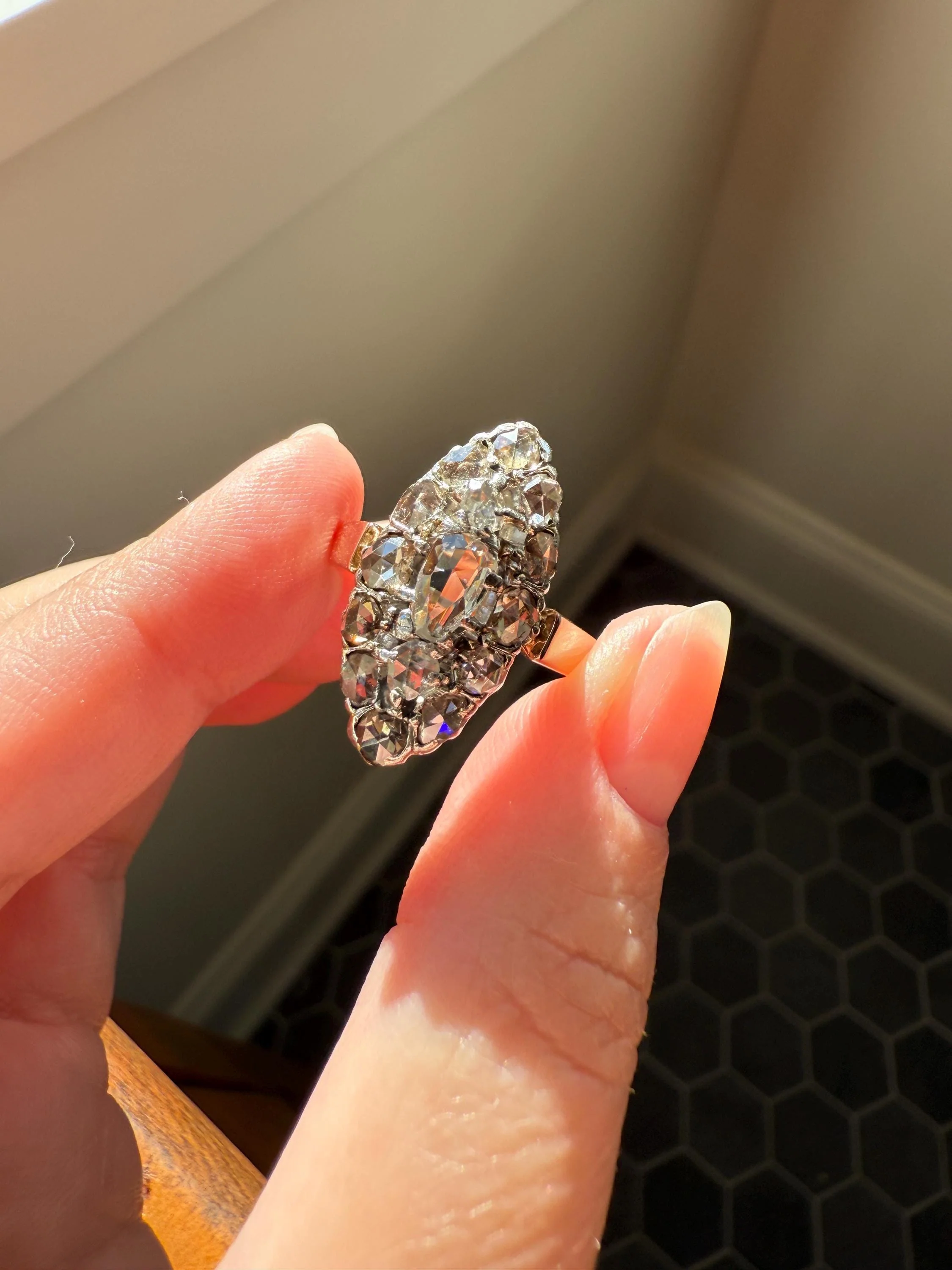 XL Antique Unique Elongated Rose Cut Diamond Navette Cluster Open Back French Victorian Era 18k Rose Gold & Platinum 1 inch Chunky Sparkle - Image 3