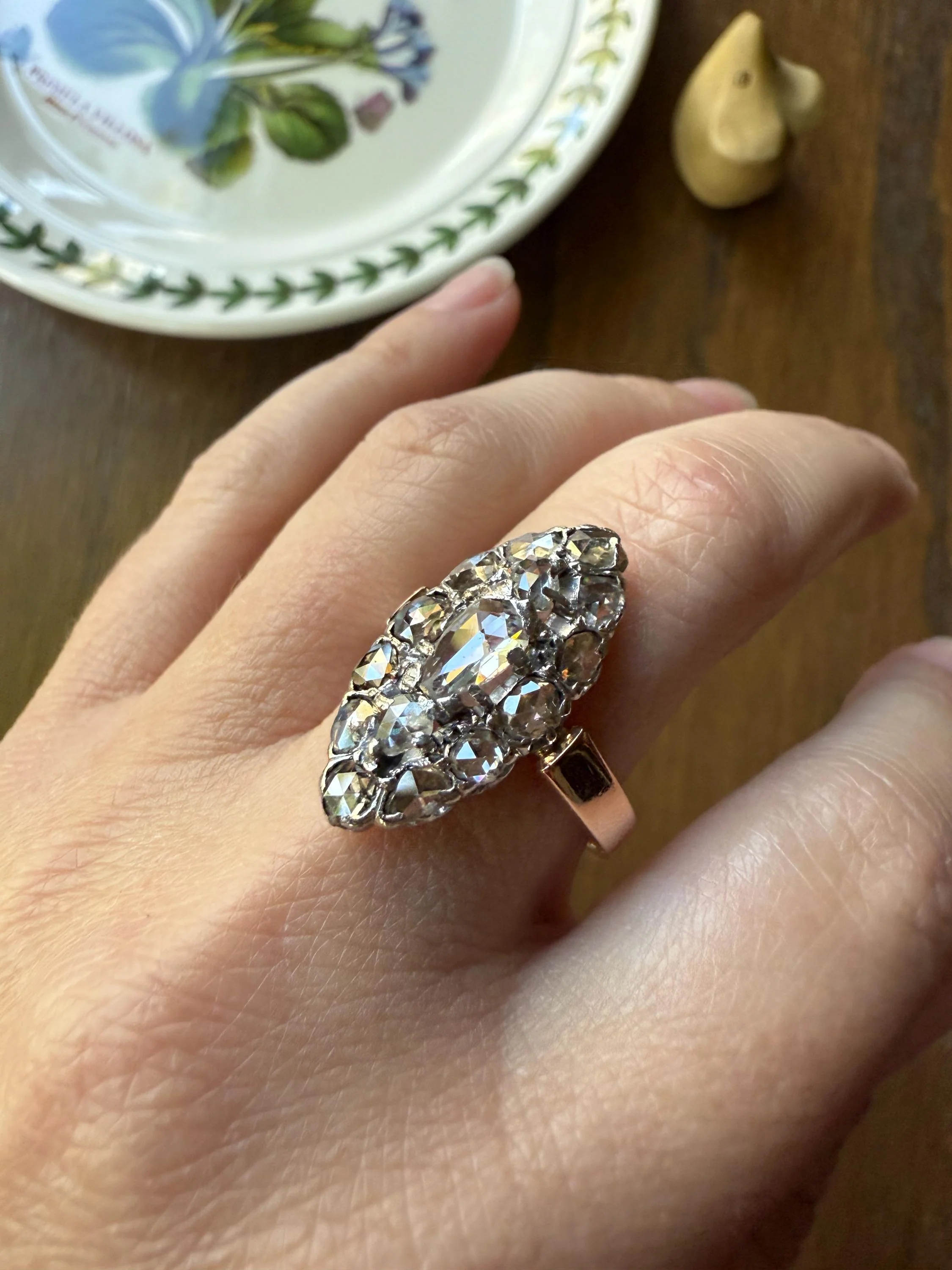 XL Antique Unique Elongated Rose Cut Diamond Navette Cluster Open Back French Victorian Era 18k Rose Gold & Platinum 1 inch Chunky Sparkle - Image 4