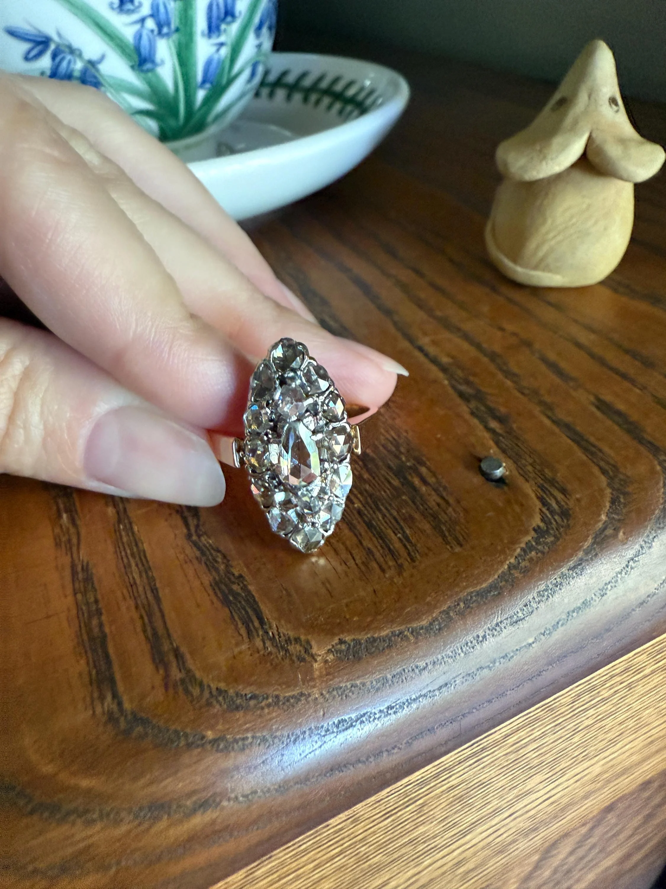 XL Antique Unique Elongated Rose Cut Diamond Navette Cluster Open Back French Victorian Era 18k Rose Gold & Platinum 1 inch Chunky Sparkle - Image 5