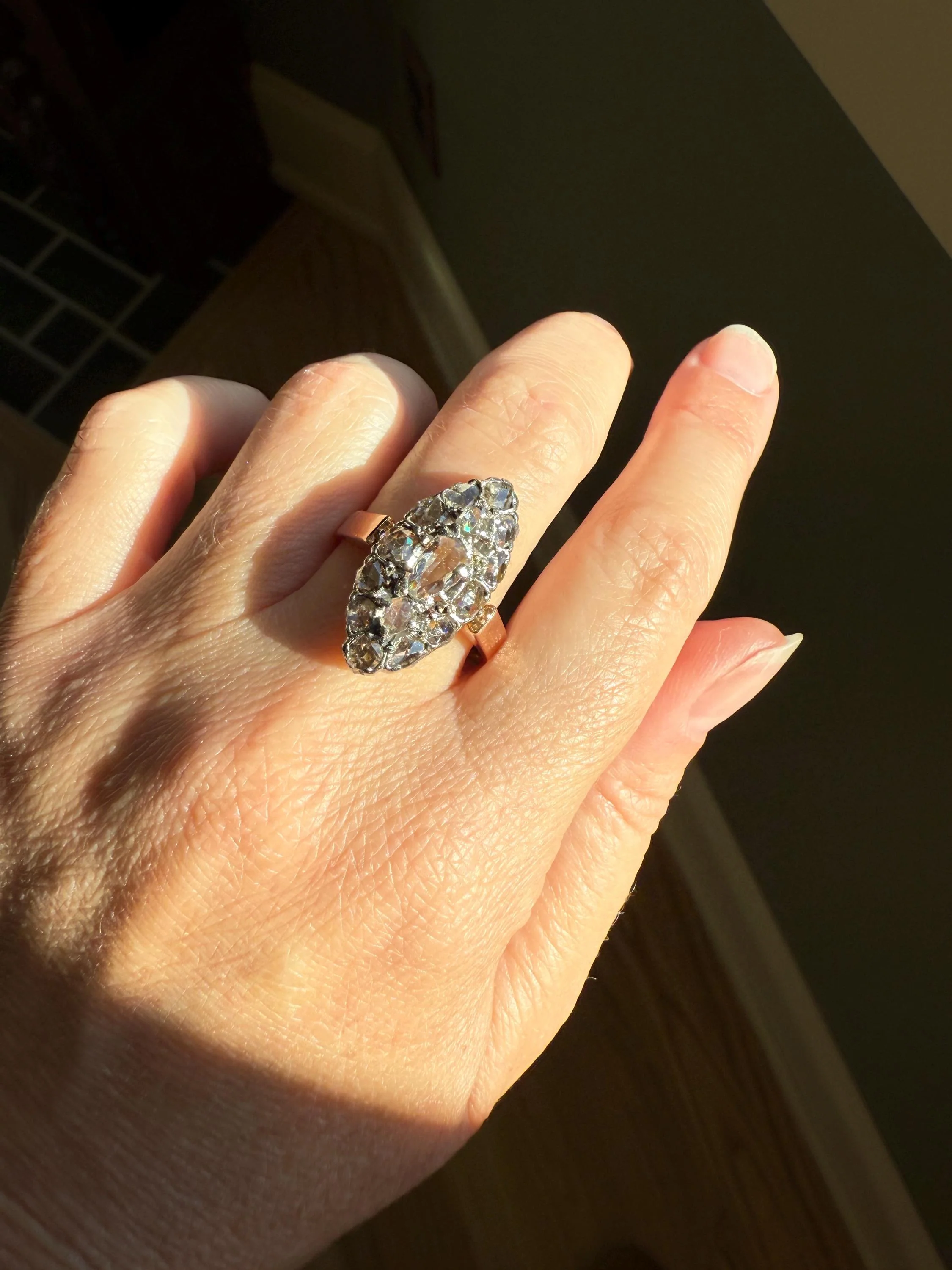 XL Antique Unique Elongated Rose Cut Diamond Navette Cluster Open Back French Victorian Era 18k Rose Gold & Platinum 1 inch Chunky Sparkle - Image 6