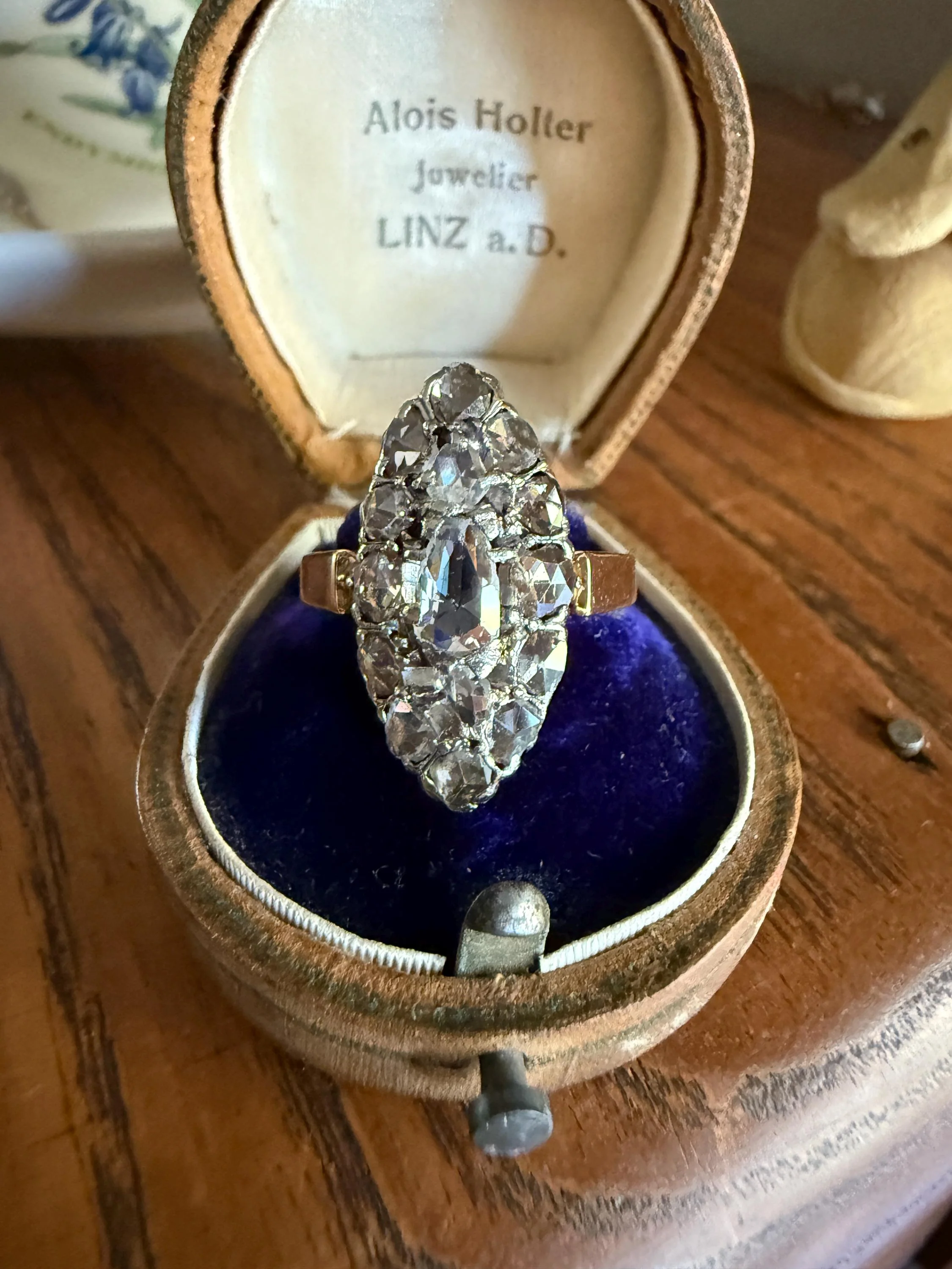 XL Antique Unique Elongated Rose Cut Diamond Navette Cluster Open Back French Victorian Era 18k Rose Gold & Platinum 1 inch Chunky Sparkle - Image 7