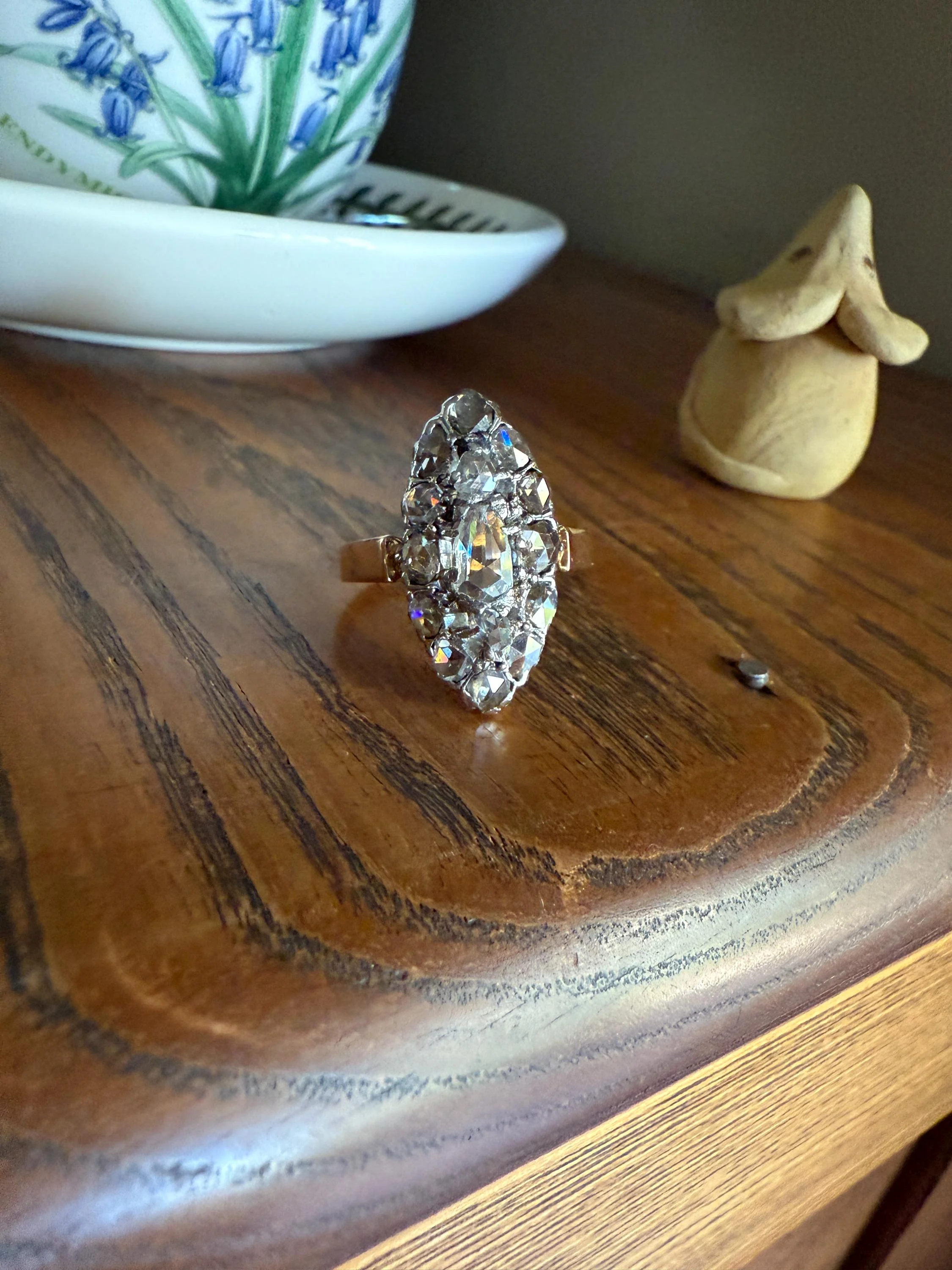 XL Antique Unique Elongated Rose Cut Diamond Navette Cluster Open Back French Victorian Era 18k Rose Gold & Platinum 1 inch Chunky Sparkle - Image 8