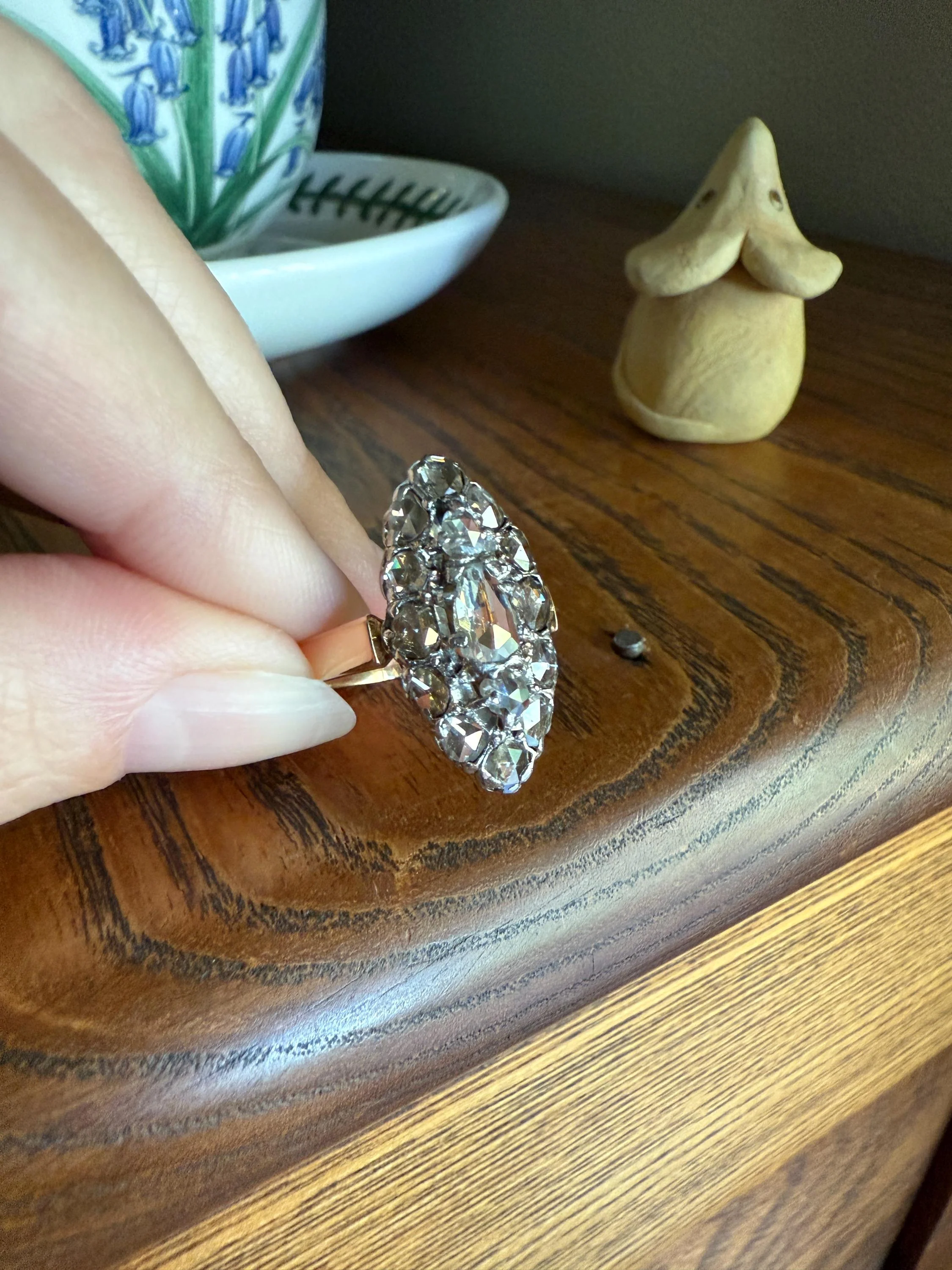 XL Antique Unique Elongated Rose Cut Diamond Navette Cluster Open Back French Victorian Era 18k Rose Gold & Platinum 1 inch Chunky Sparkle - Image 9