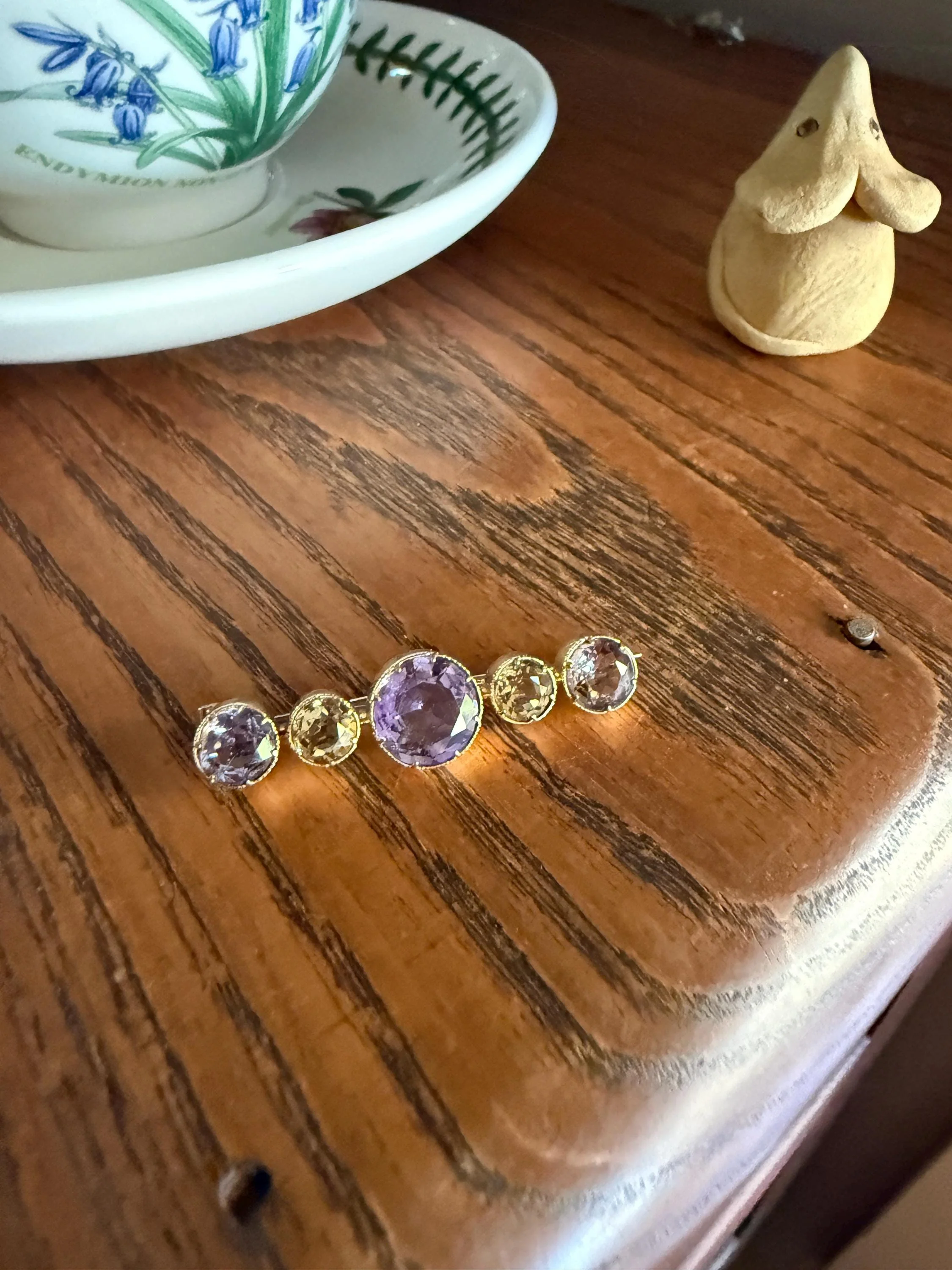 XL Antique Victorian Old Cut Amethyst Citrine Bar Brooch Extender Connector Pin Pendant Bracelet Conversion 14k Gold - Image 4