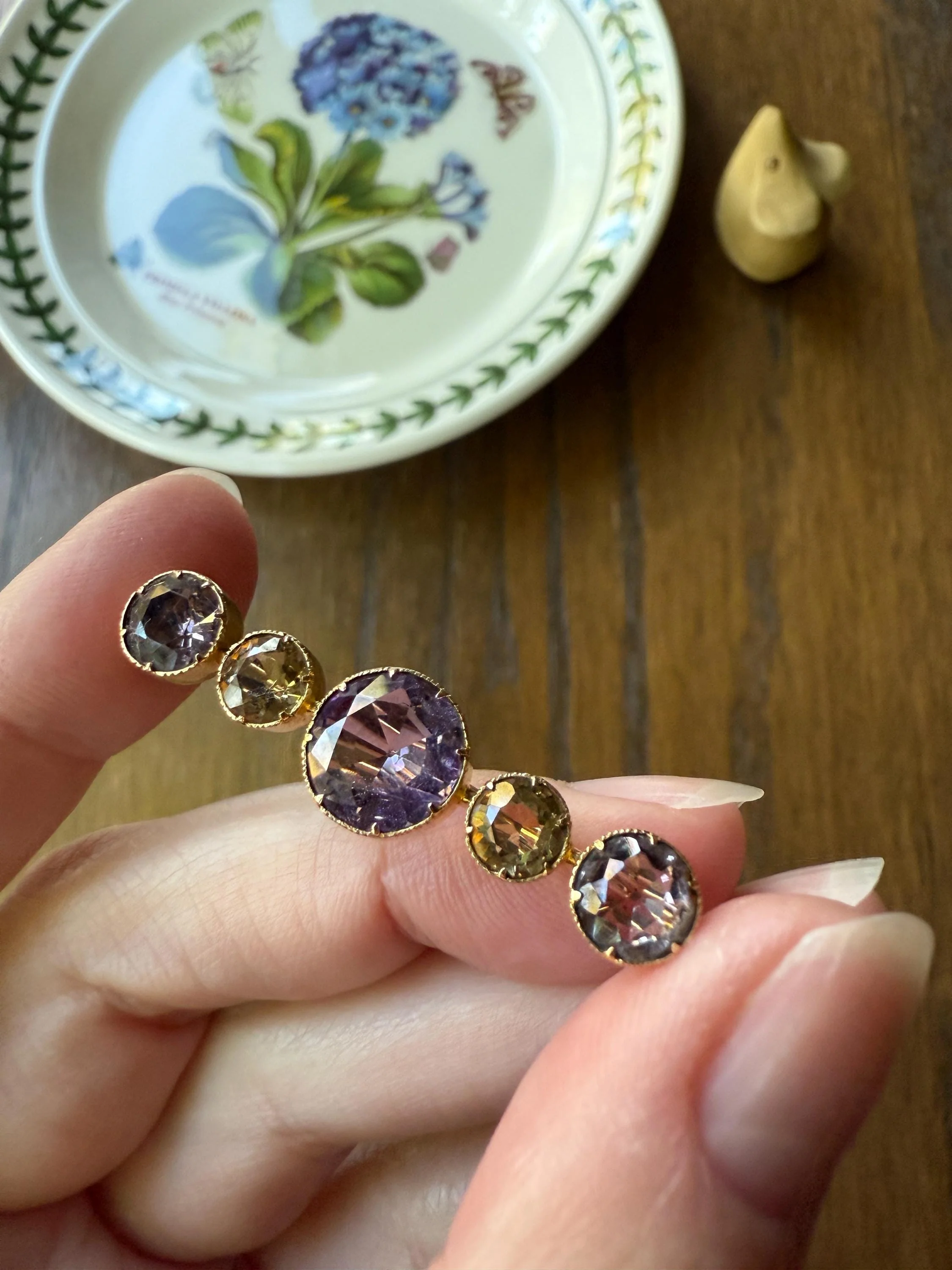 XL Antique Victorian Old Cut Amethyst Citrine Bar Brooch Extender Connector Pin Pendant Bracelet Conversion 14k Gold - Image 5