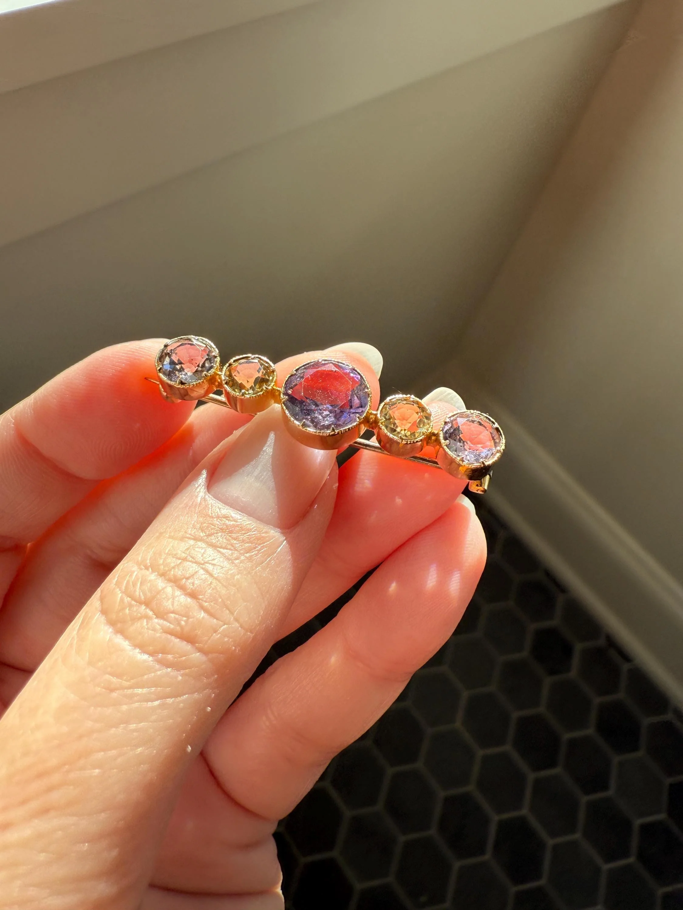 XL Antique Victorian Old Cut Amethyst Citrine Bar Brooch Extender Connector Pin Pendant Bracelet Conversion 14k Gold - Image 6