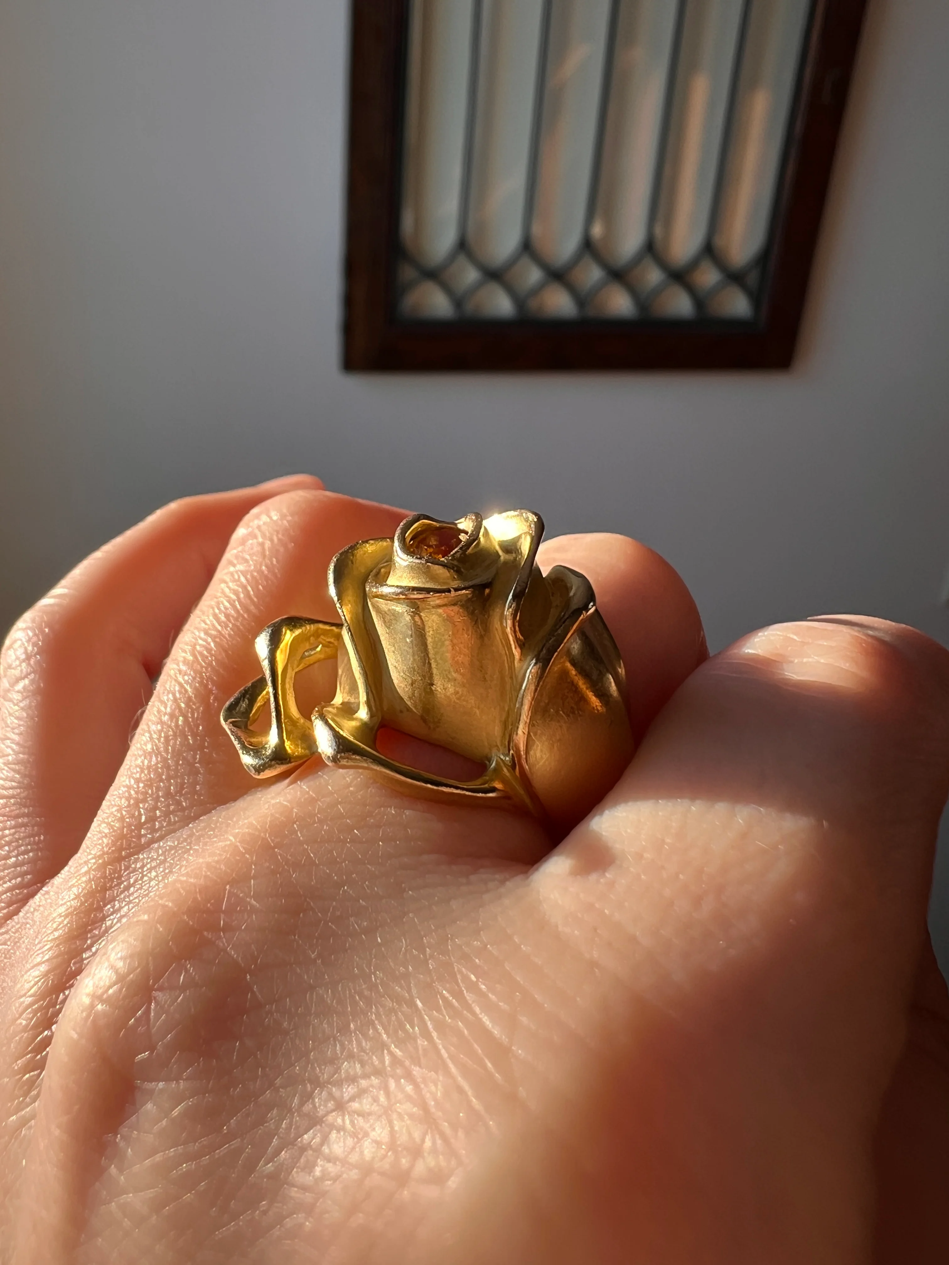 XL Figural ROSE Ring Very HEAVY 17.1g 18k Gold Solid Vintage Floral Yellow Sapphire Chunky - Image 12