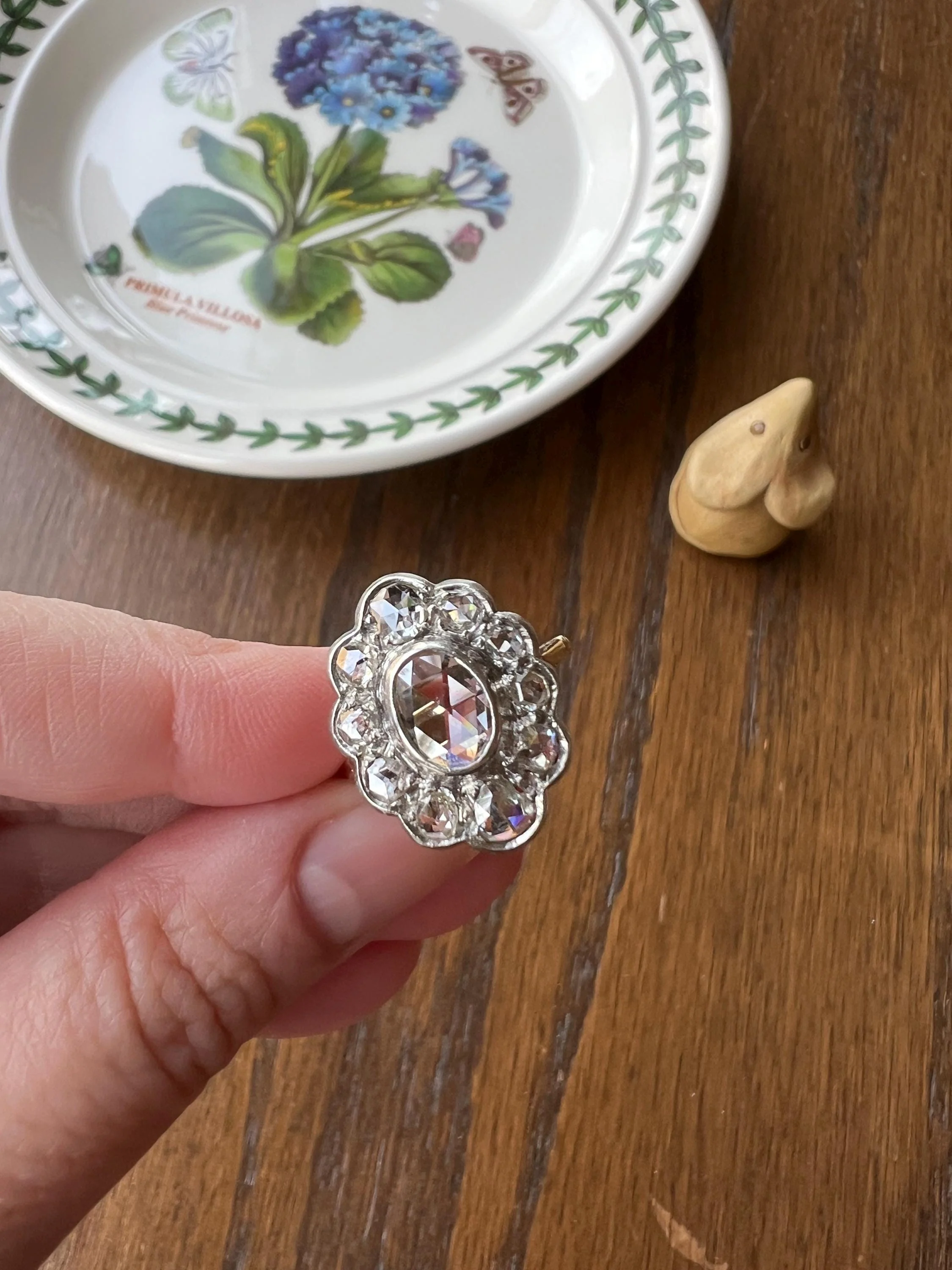 XL French Antique Open Back Oval Rose Cut DIAMOND Clear Disco Daisy Cluster Ring Victorian 18k Gold Platinum - Image 11