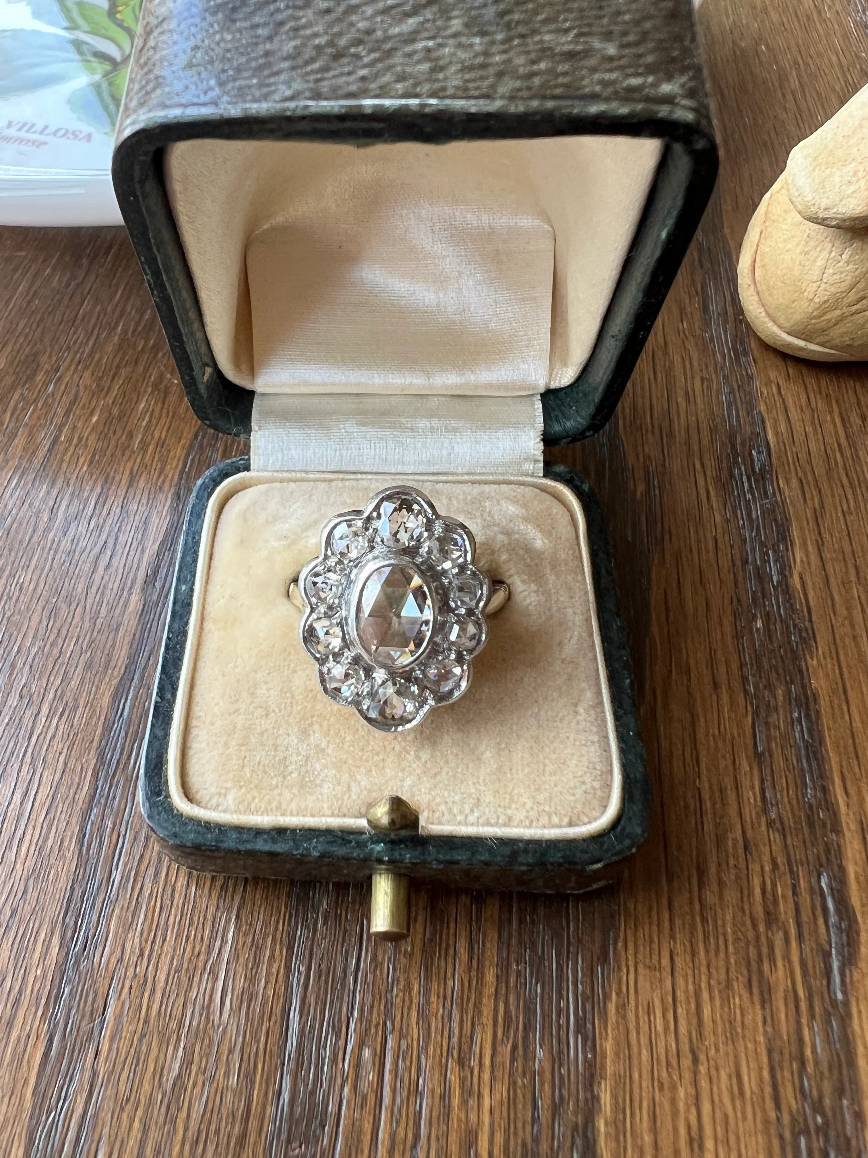XL French Antique Open Back Oval Rose Cut DIAMOND Clear Disco Daisy Cluster Ring Victorian 18k Gold Platinum - Image 14
