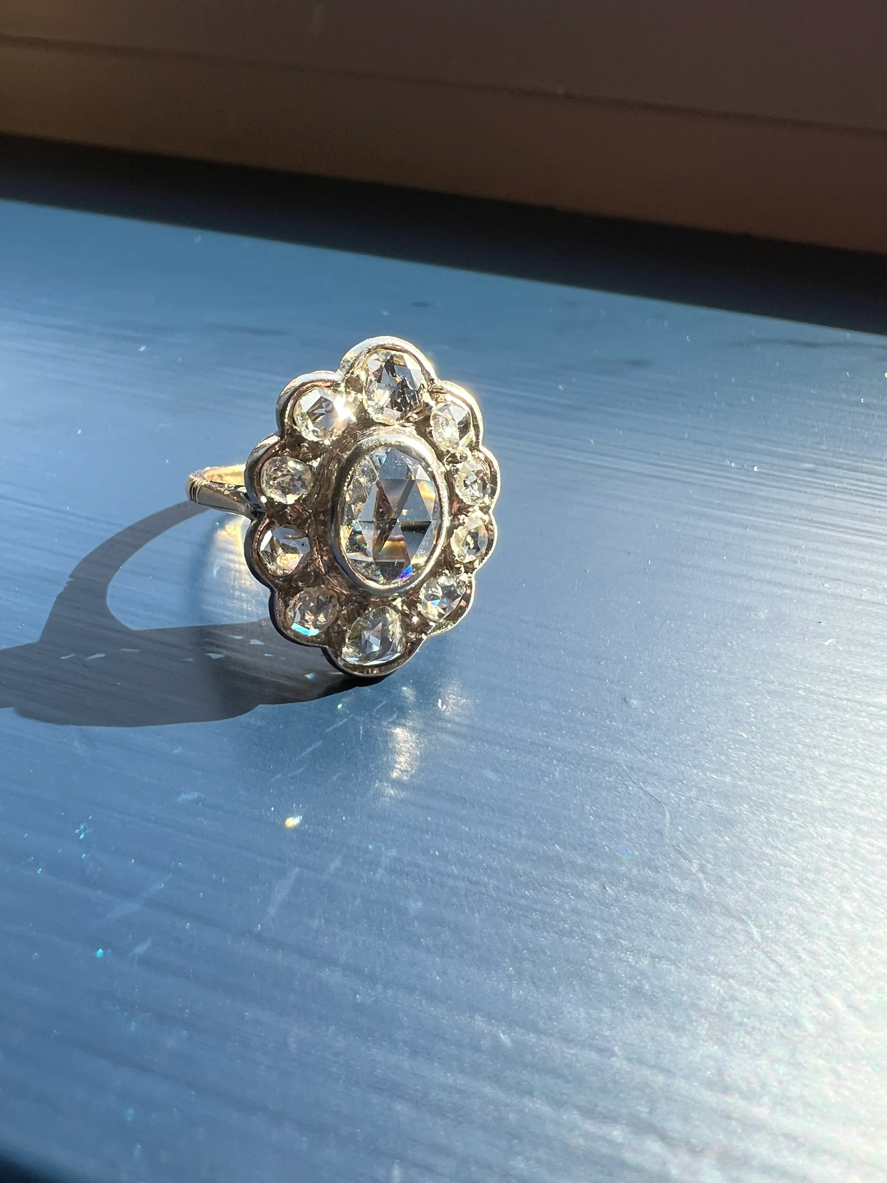 XL French Antique Open Back Oval Rose Cut DIAMOND Clear Disco Daisy Cluster Ring Victorian 18k Gold Platinum - Image 15