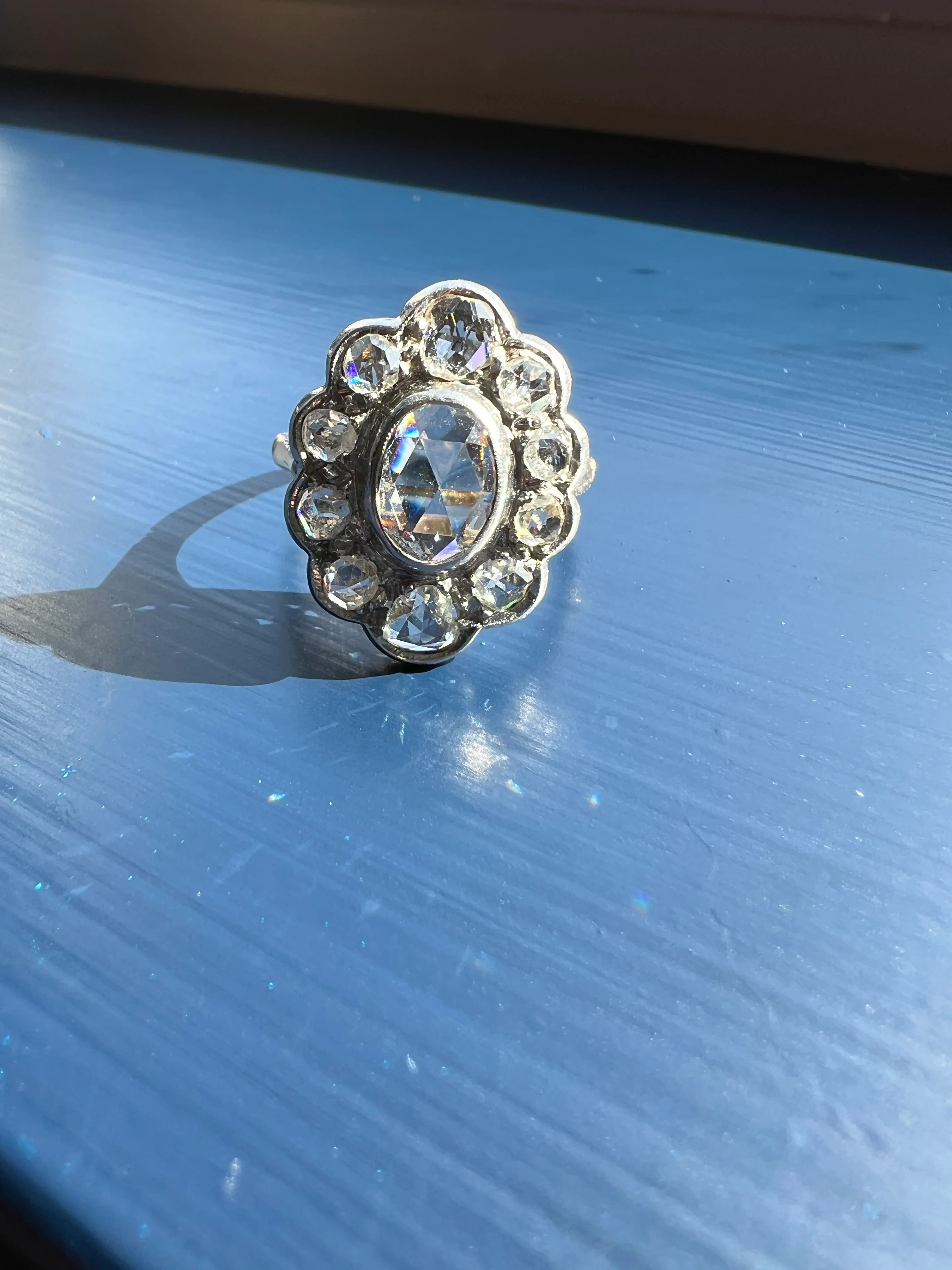 XL French Antique Open Back Oval Rose Cut DIAMOND Clear Disco Daisy Cluster Ring Victorian 18k Gold Platinum - Image 16