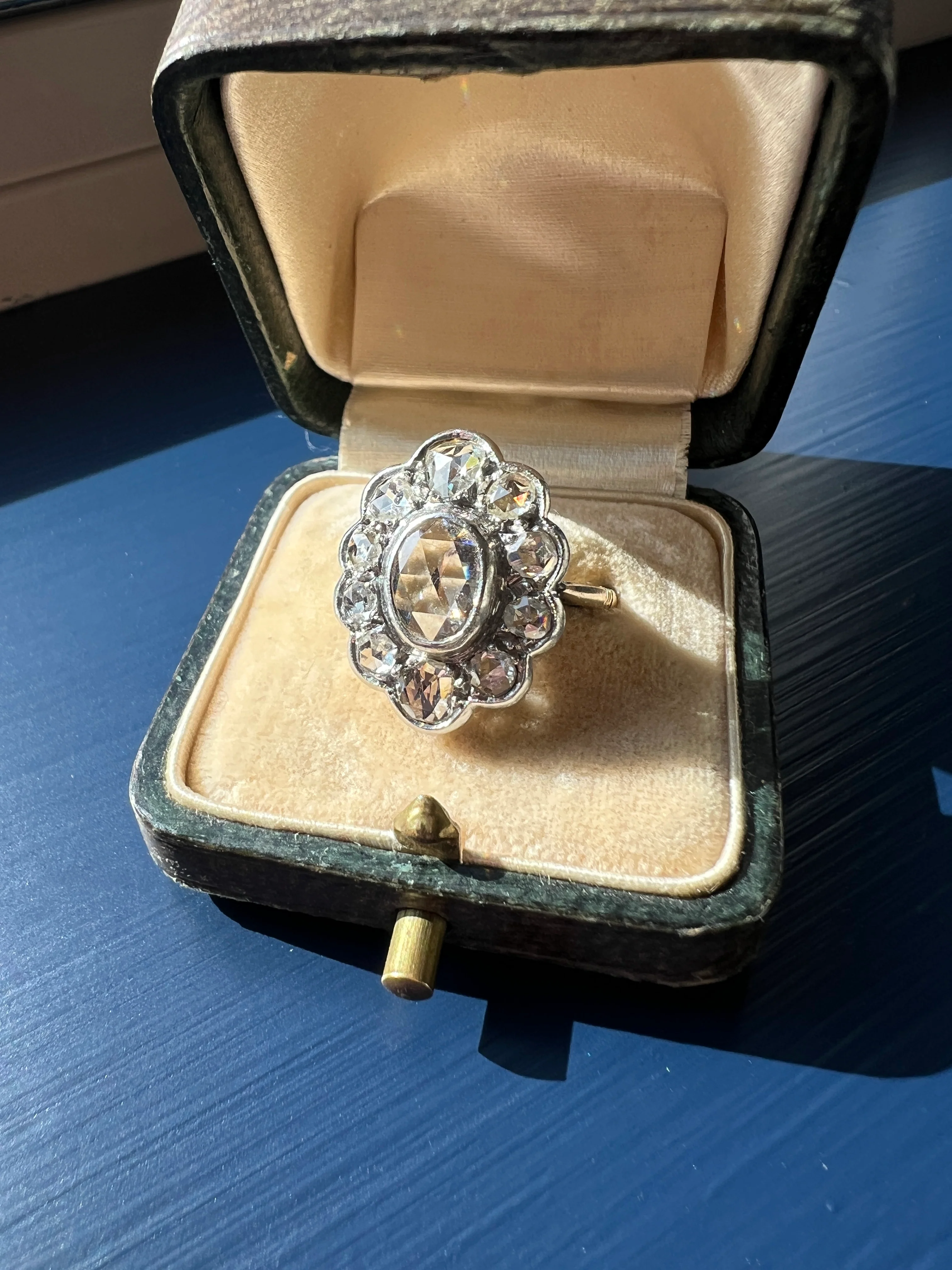 XL French Antique Open Back Oval Rose Cut DIAMOND Clear Disco Daisy Cluster Ring Victorian 18k Gold Platinum - Image 17